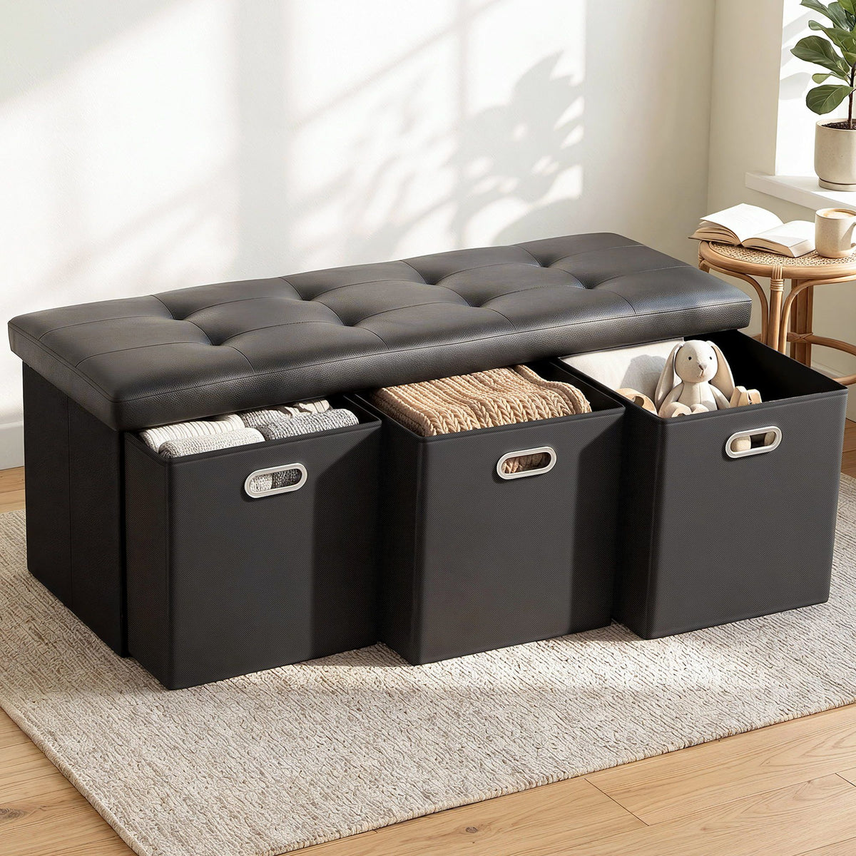 Artiss Storage Ottoman with 3 Cube Drawers Foot Stool Rest Foldable Black