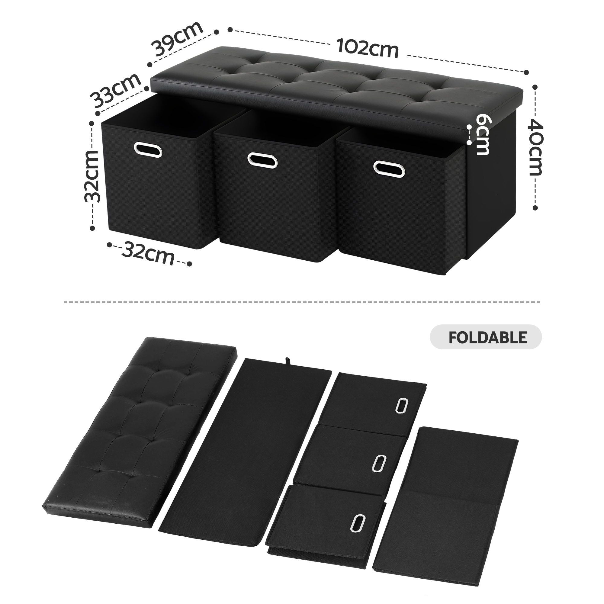 Artiss Storage Ottoman with 3 Cube Drawers Foot Stool Rest Foldable Black