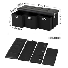 Artiss Storage Ottoman with 3 Cube Drawers Foot Stool Rest Foldable Black