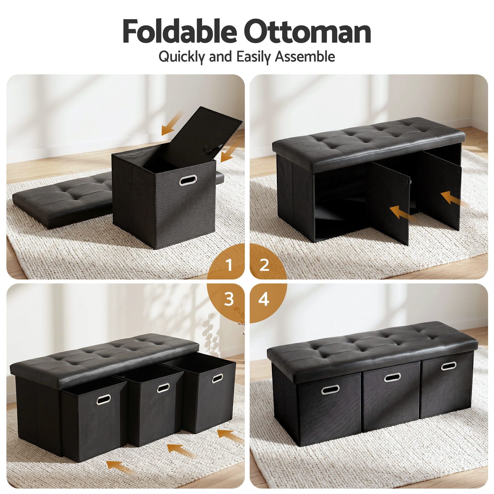 Artiss Storage Ottoman with 3 Cube Drawers Foot Stool Rest Foldable Black