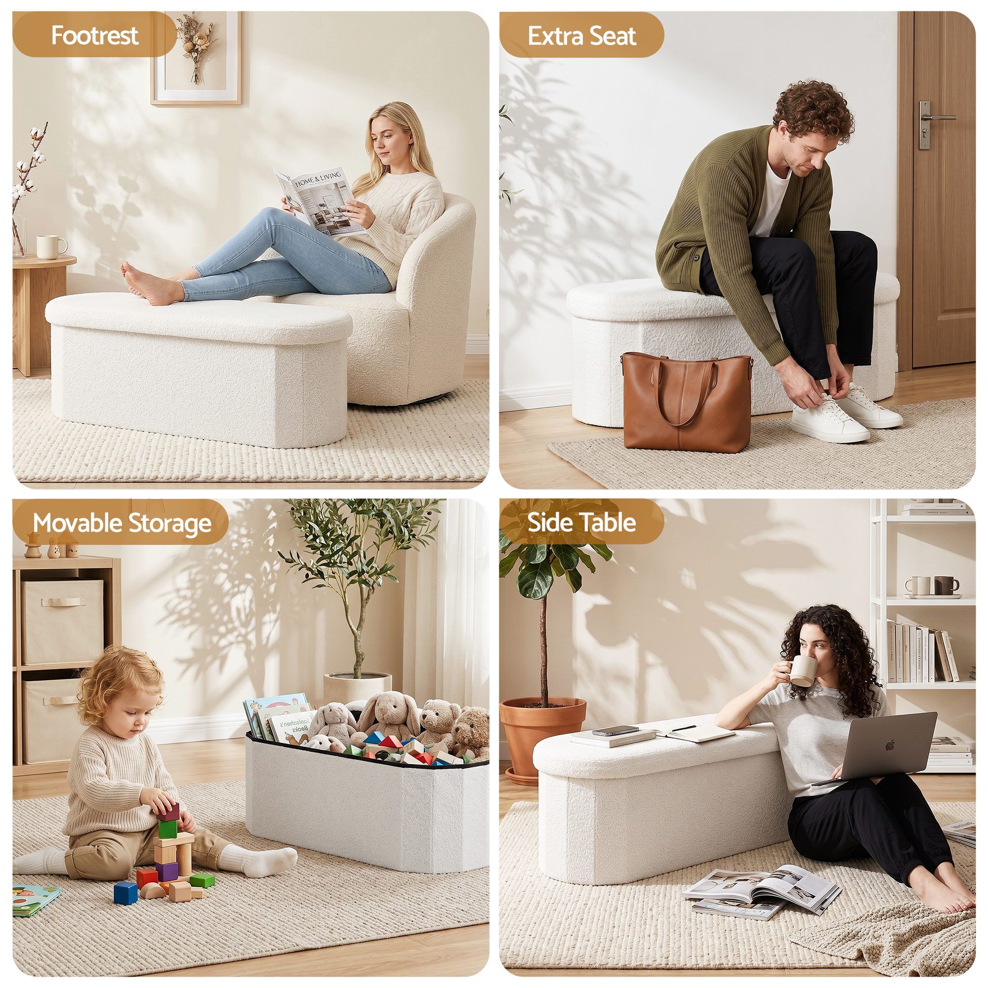 Artiss Storage Ottoman Foot Stool Rest Boucle Fabric Foldable White