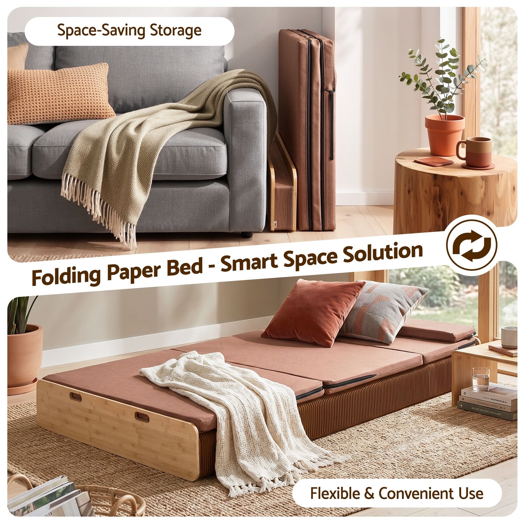 Artiss Folding Kraft Paper Bed Frame with Mattress and Pillow 300kg Capacity 200x120cm