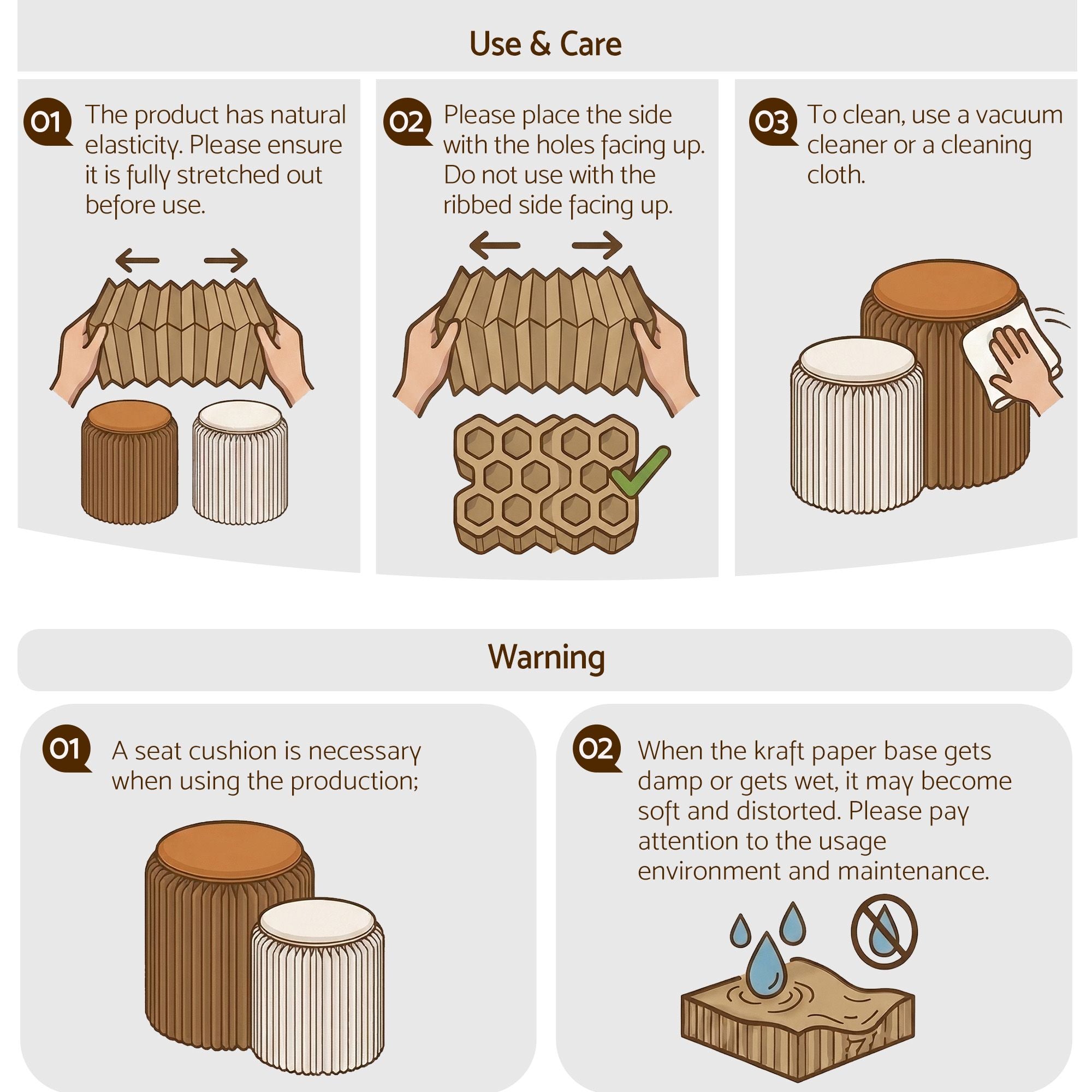 Artiss Accordion Folding Paper Stools Set Includes 2 Cushions Natural Kraft 100KG Capacity