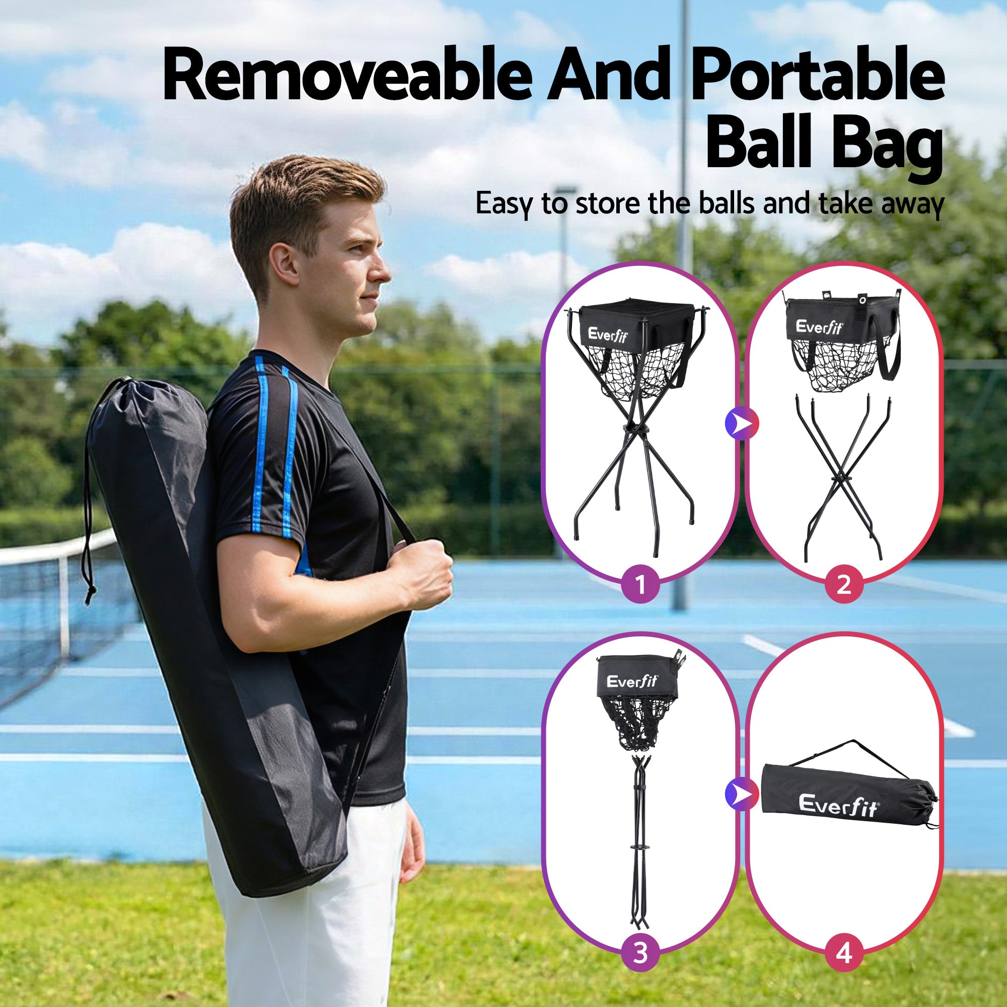 Everfit Portable Ball Cart Foldable Pickleball Tennis Free Delivery