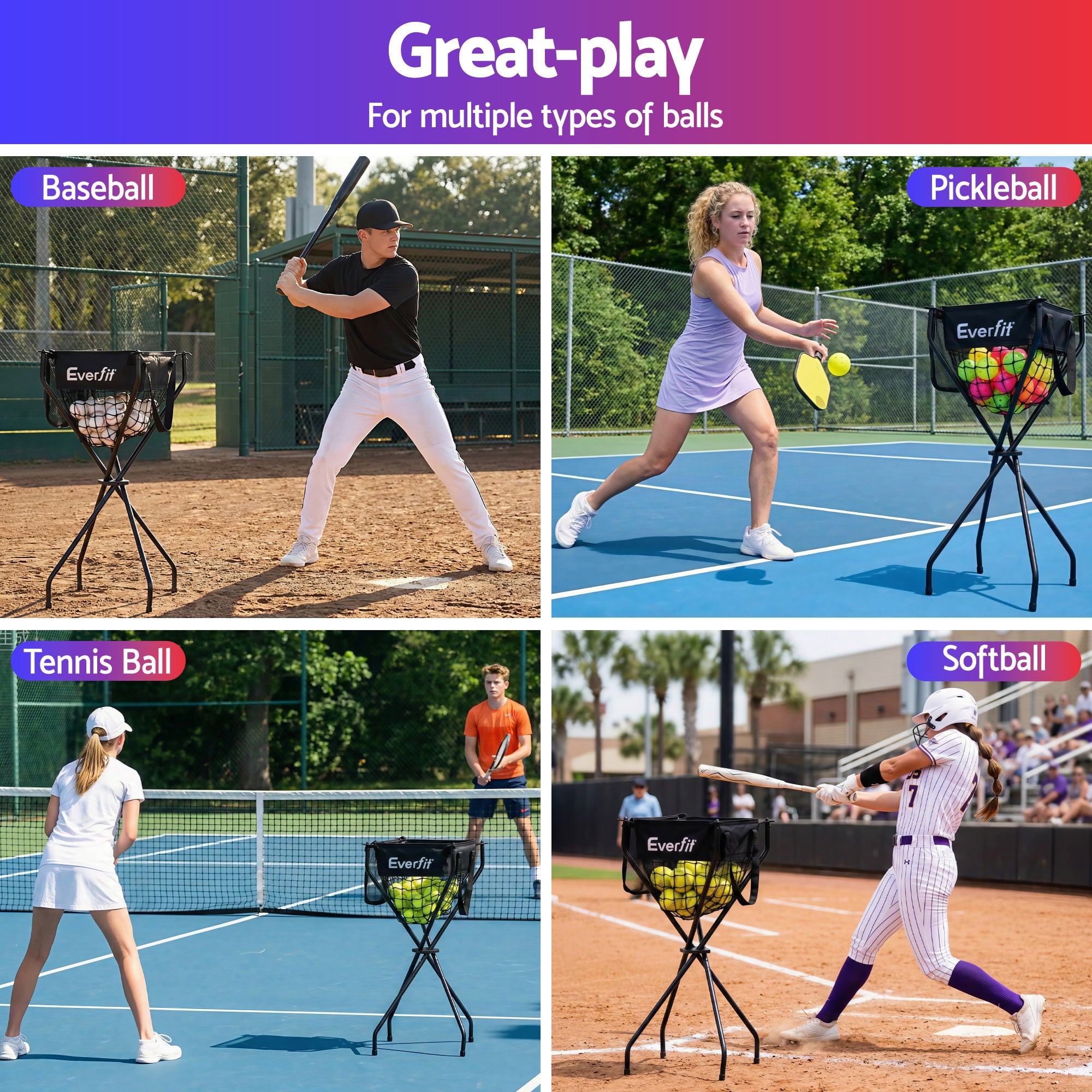 Everfit Portable Ball Cart Foldable Pickleball Tennis Free Delivery