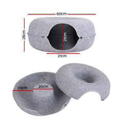 i.Pet Cat Bed with Tunnel 60x28CM Donut Felt Cave Hideaway Detachable Grey