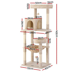 i.Pet Cat Tree 143cm Tower Scratching Post Trees Scratcher Condo House Beige