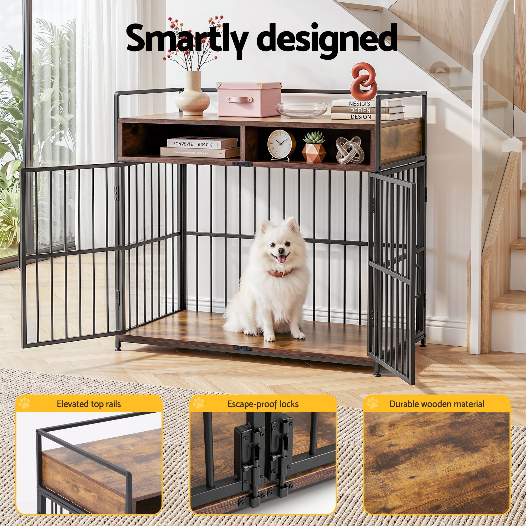 i.Pet 2-in-1 Wooden Dog Crate 104cm Pet Cage Furniture End Table Storage Black