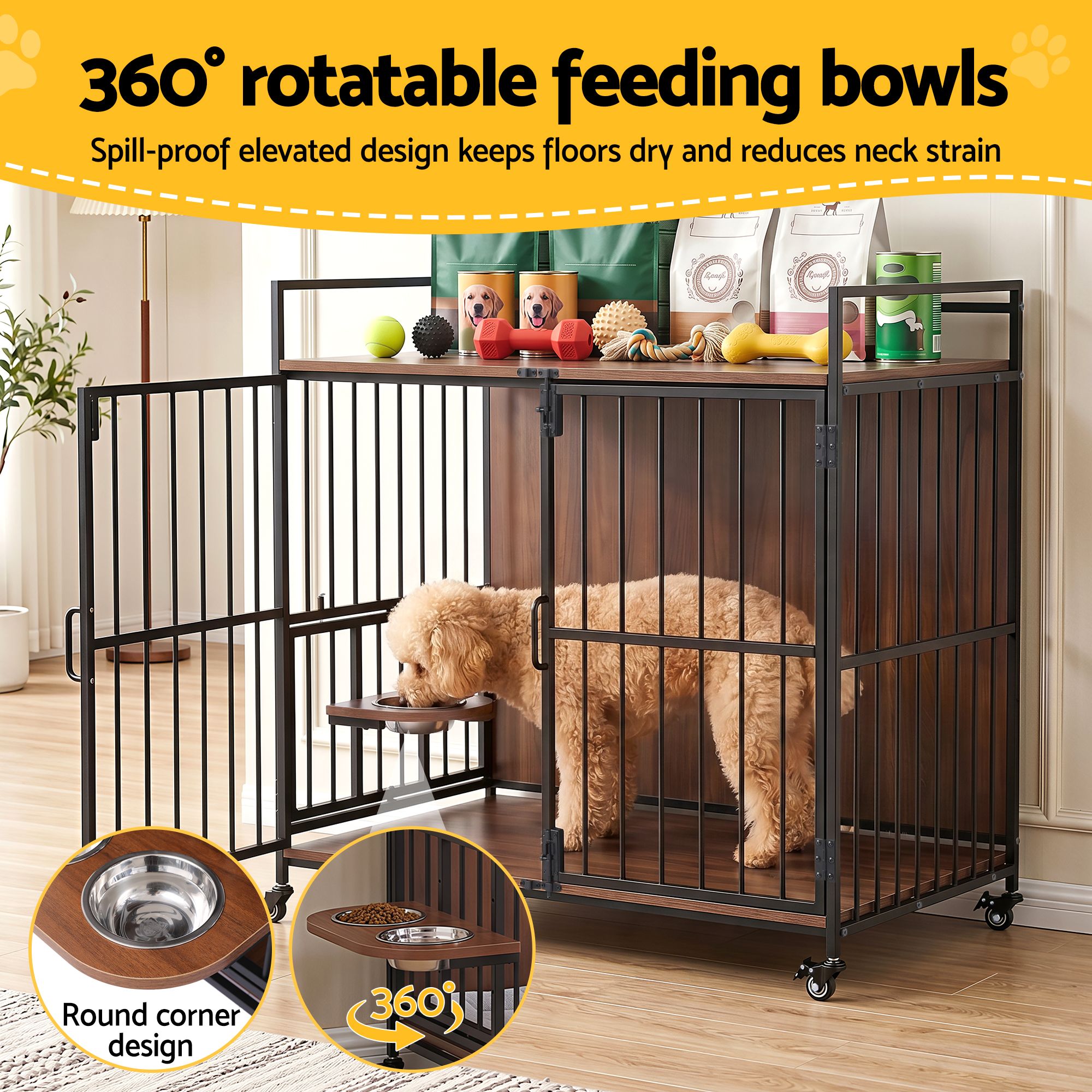 i.Pet 2-in-1 Wooden Dog Crate 99cm Pet Cage Furniture End Table Wheels Black
