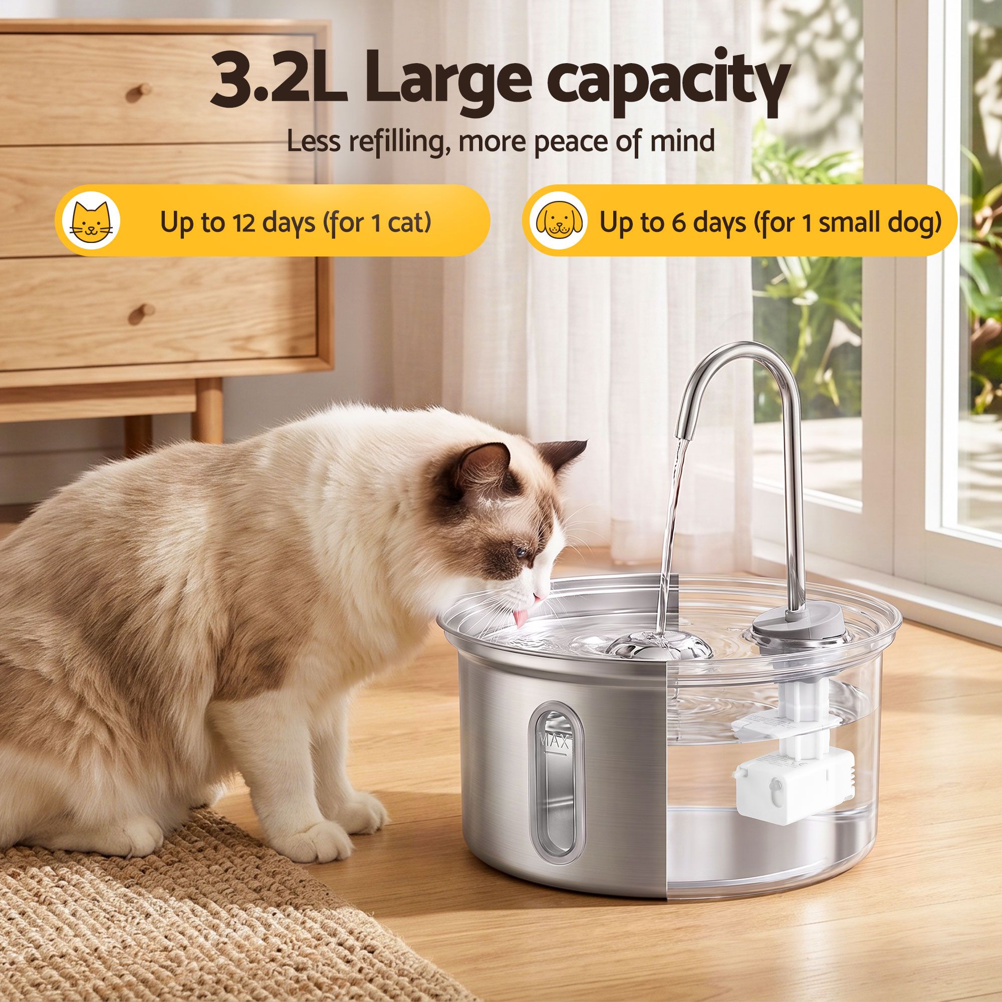 i.Pet 3.2L Cat Water Fountain Pet Feeder Dog Drinking Dispenser 304 Stainless