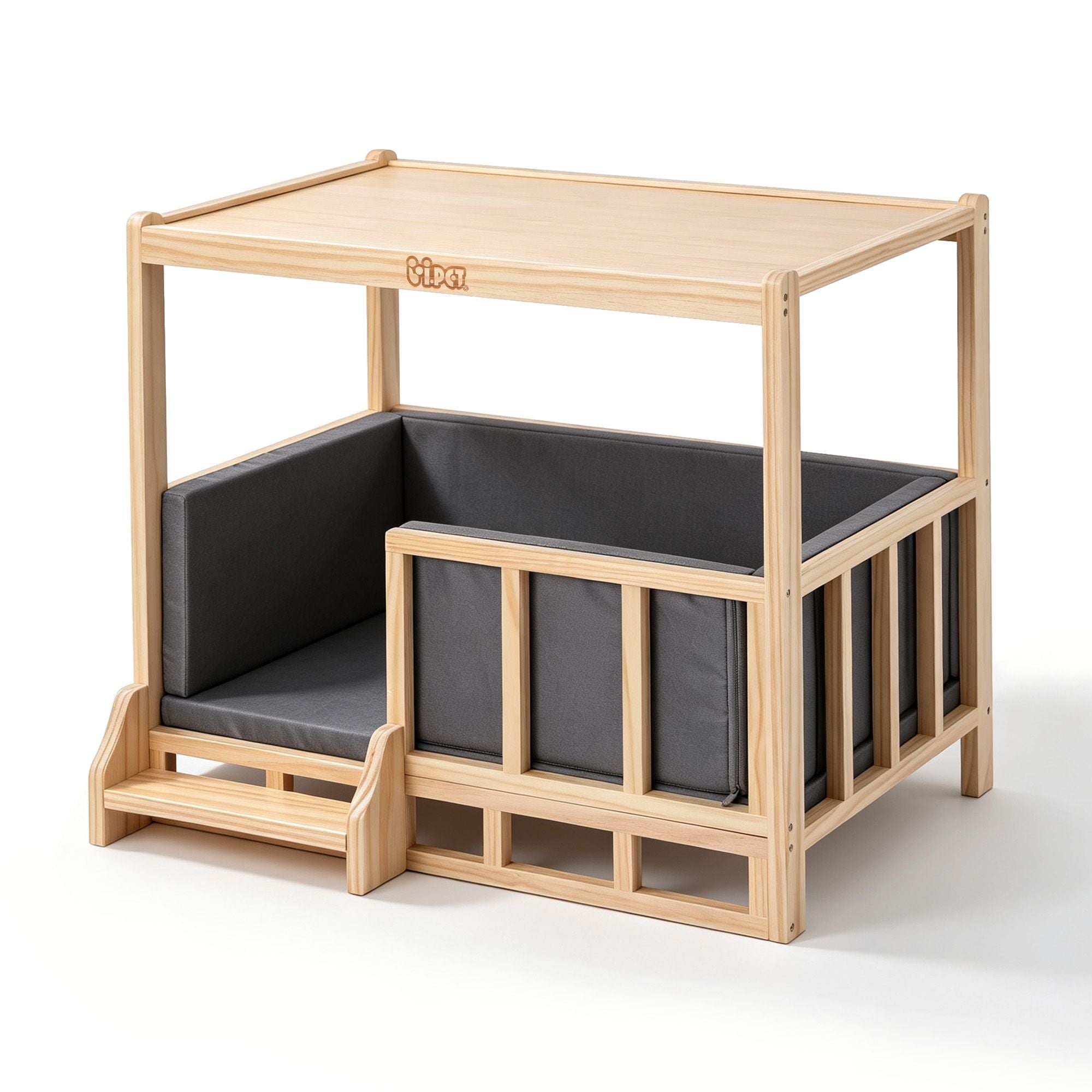 i.Pet 2in1 Dog Kennel Crate Furniture Grey Bedding Wooden House Indoor