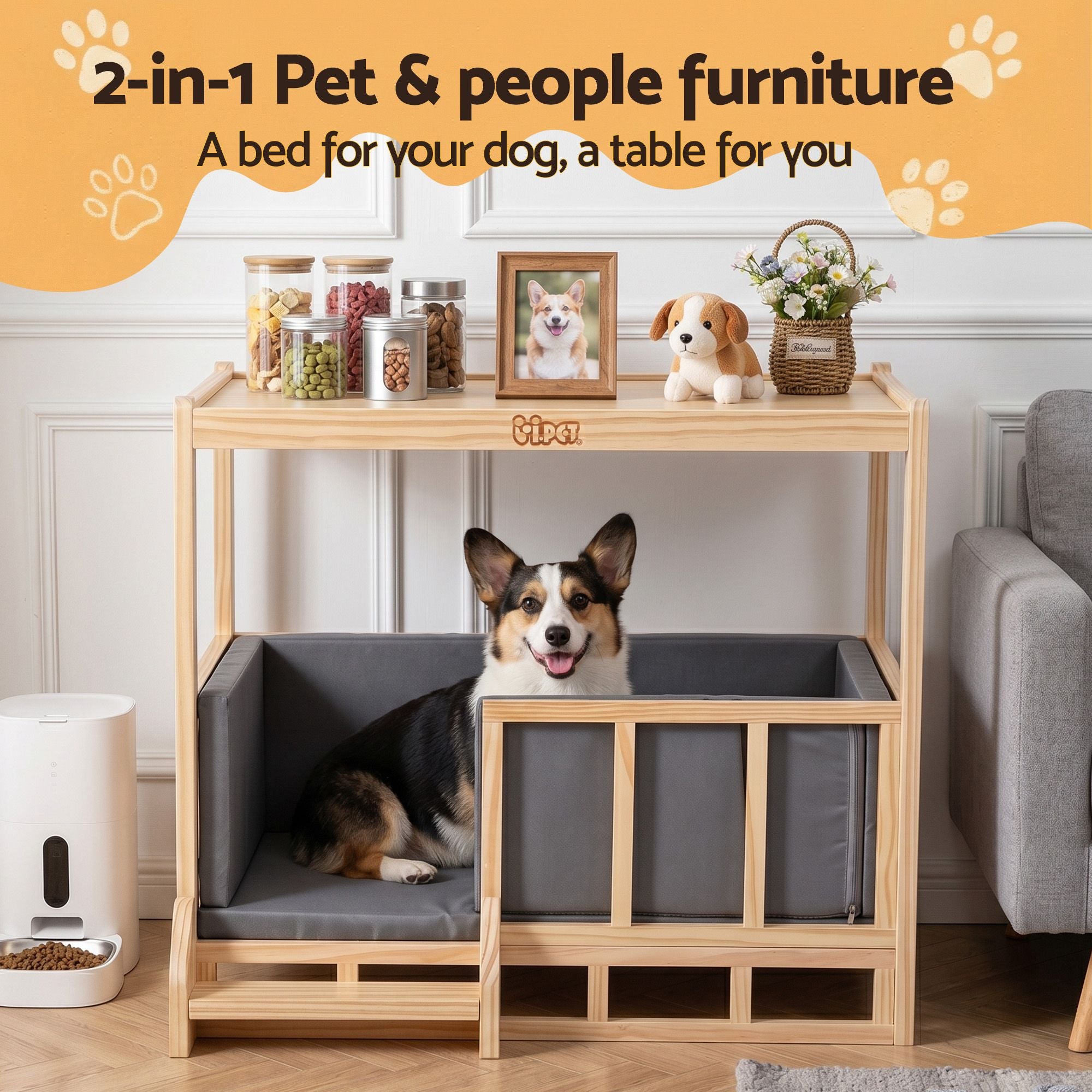 i.Pet 2in1 Dog Kennel Crate Furniture Grey Bedding Wooden House Indoor