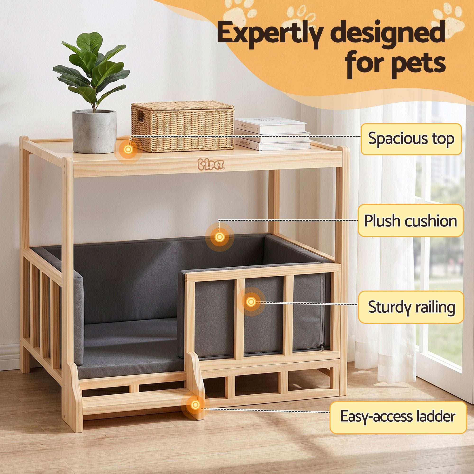 i.Pet 2in1 Dog Kennel Crate Furniture Grey Bedding Wooden House Indoor