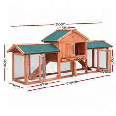 i.Pet Chicken Coop Rabbit Hutch 220cm x 44cm x 84cm Large Chicken Coop Run