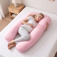 Giselle Bedding Pregnancy Pillow U Shaped Full Body Pillow with 100% Cotton Jersey Cover Maternity Pillow for Sleeping Reading, Pink, 73x133cm