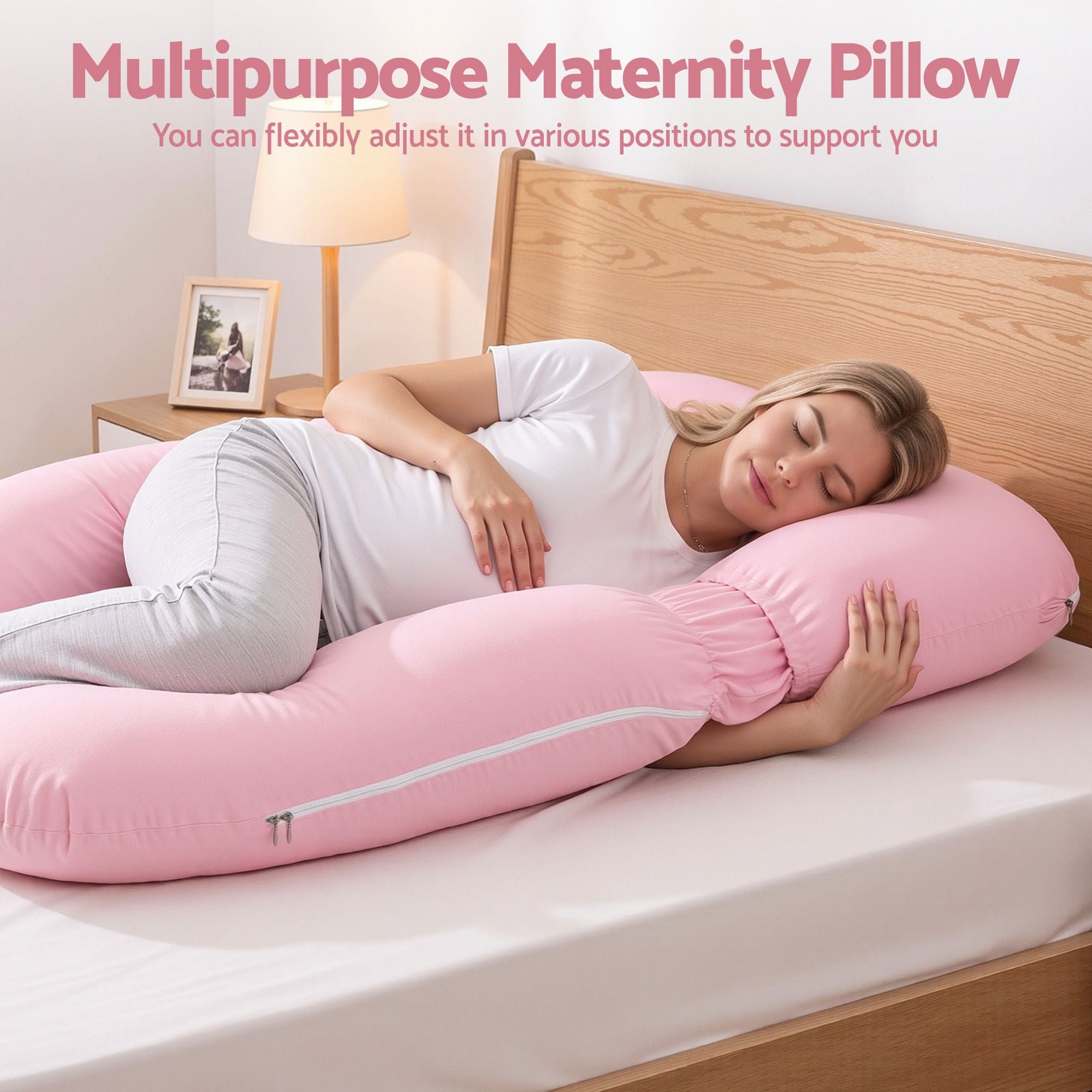 Giselle Bedding Pregnancy Pillow U Shaped Full Body Pillow with 100% Cotton Jersey Cover Maternity Pillow for Sleeping Reading, Pink, 73x133cm