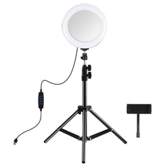 7.9 Mirror Light With Tripod & Usb 3 Modes Dual Colour Curved Ring Light For Vlogging Selfie Photography Video Phone Clamp - Black-1915196803599437825