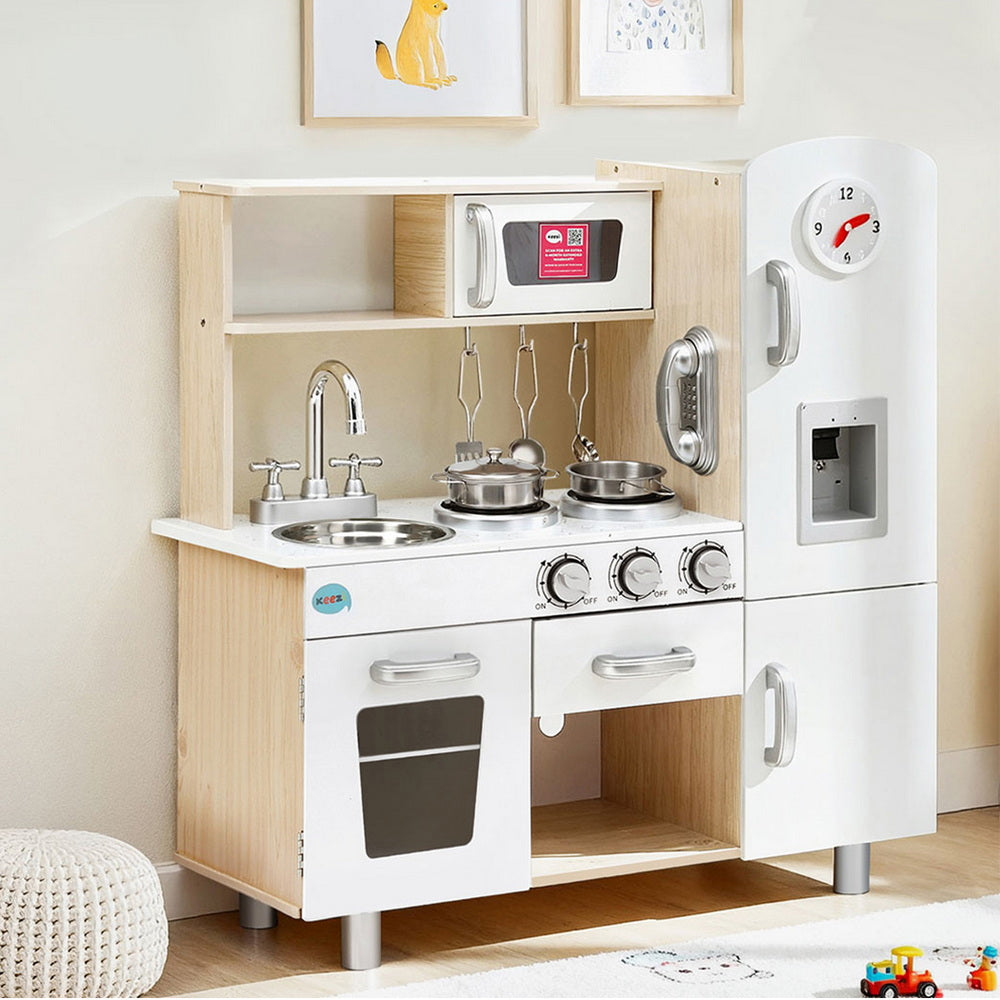 Keezi Kids Kitchen Play Set Wooden Pretend Toys Cooking Children Clock Beige