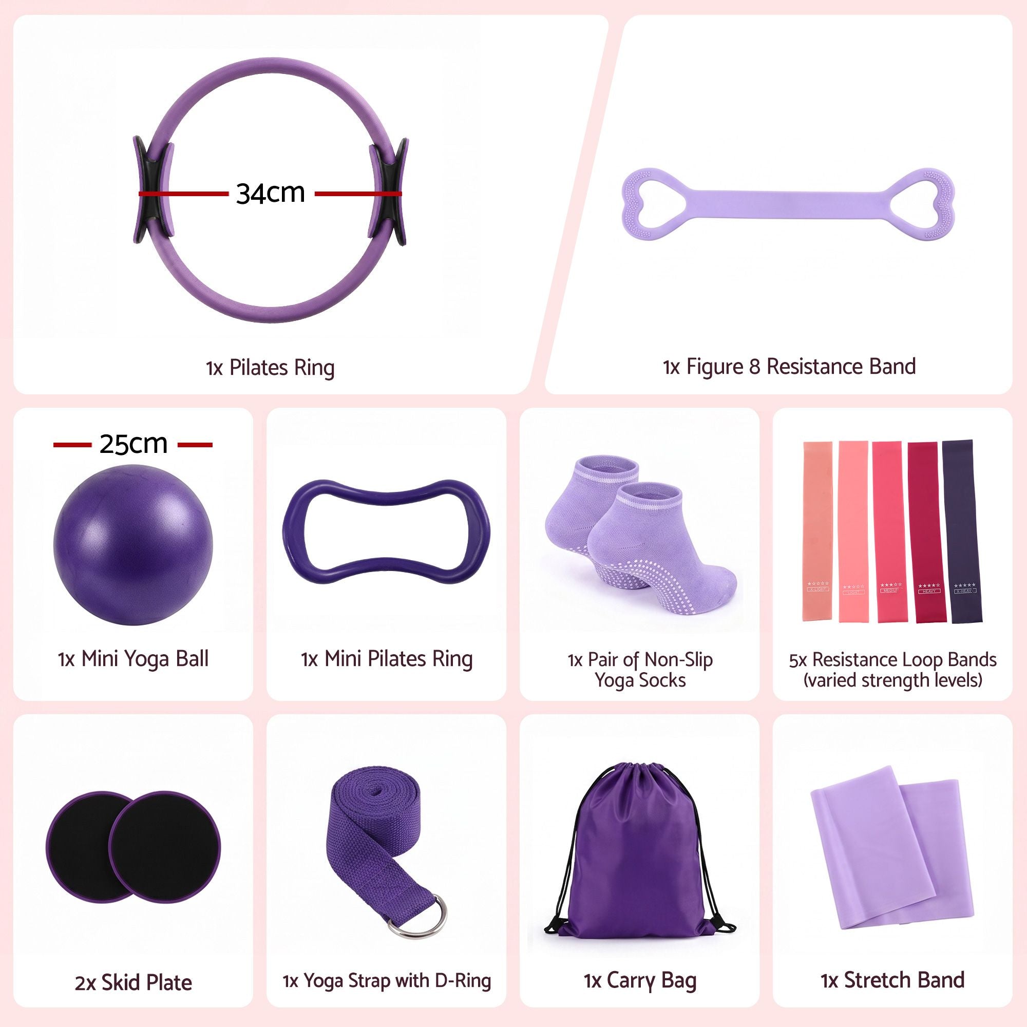 Everfit Pilates Ring Set for Women, 15pcs Home Workout Pilates Equipment with