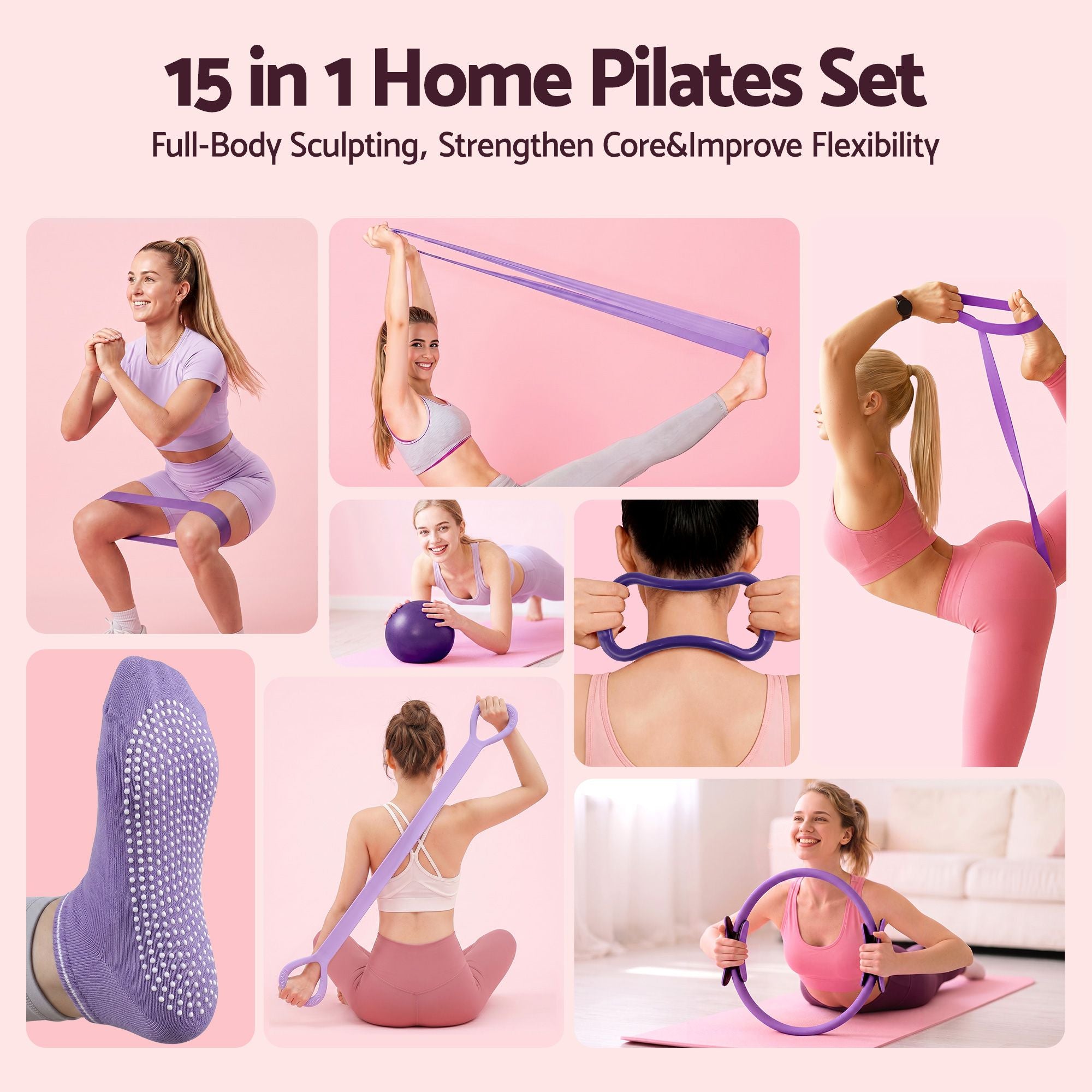 Everfit Pilates Ring Set for Women, 15pcs Home Workout Pilates Equipment with