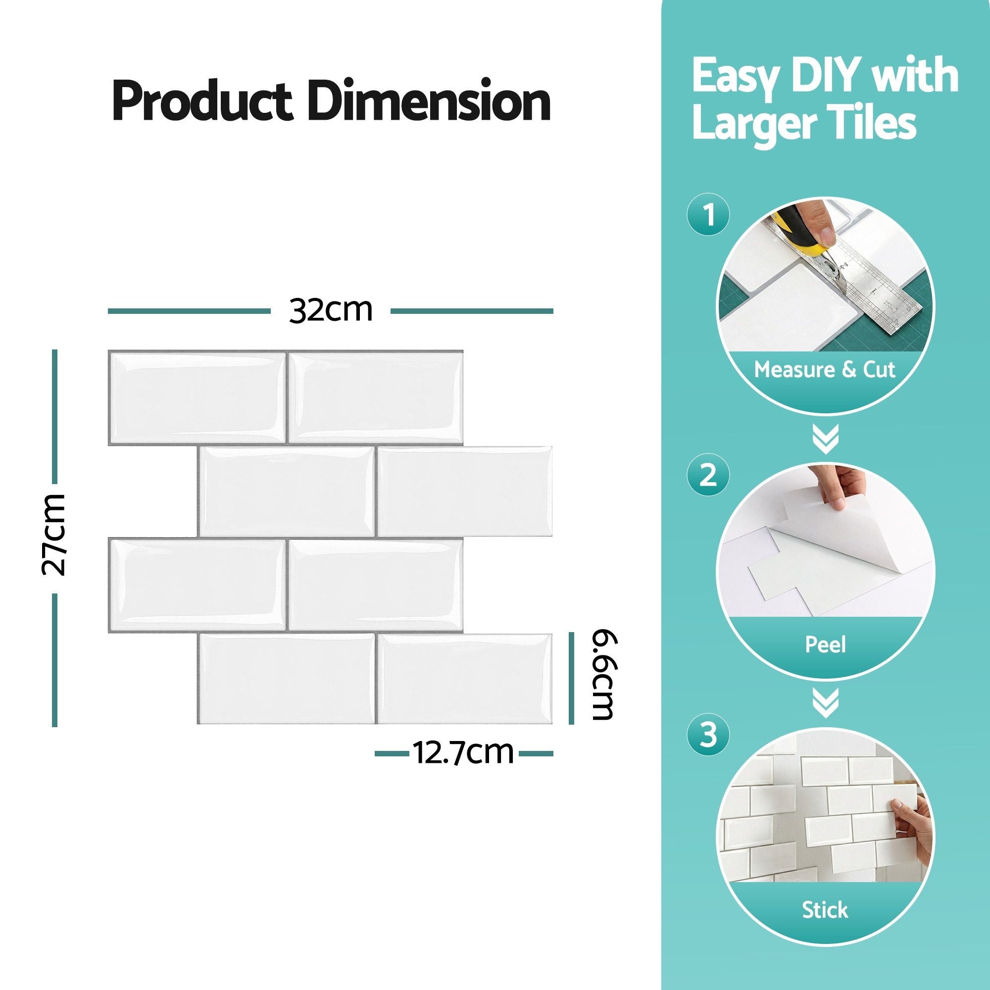Artiss 3D Peel and Stick Wall Tiles Self Adhesive Subway Backsplash 10 Sheets, White