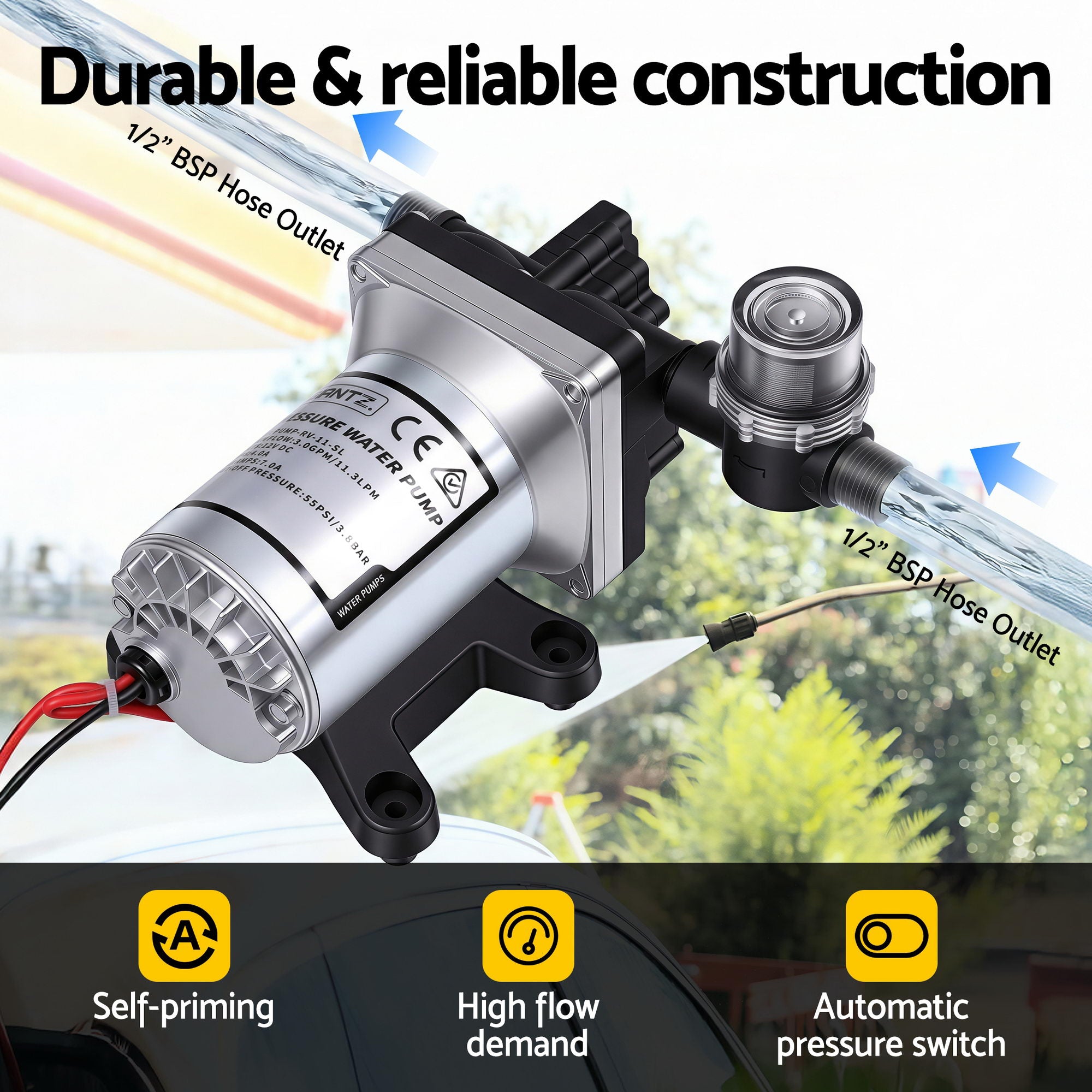 Giantz 12V DC Water Pump, 11.3LPM 55PSI 3 GPM Self-Priming RV Water Pressure Pump with Automatic Pressure Switch, for RV Marine Camping Yacht Garden F