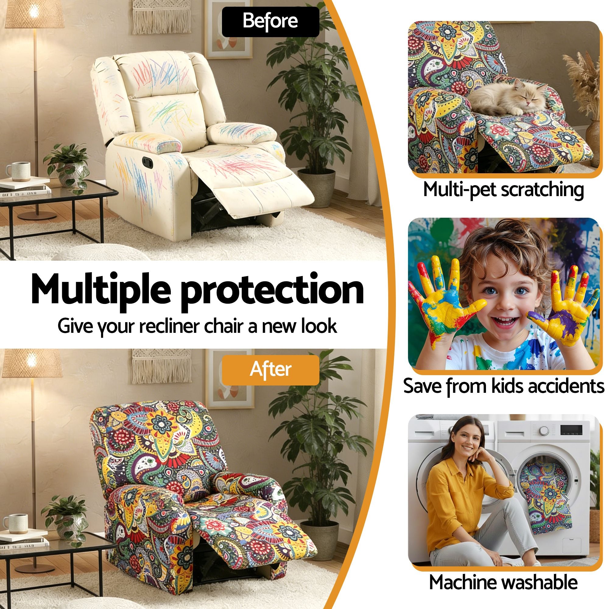 Artiss Stretch Kids Recliner Cover 4-Pieces Recliner Chair Slipcovers Printed