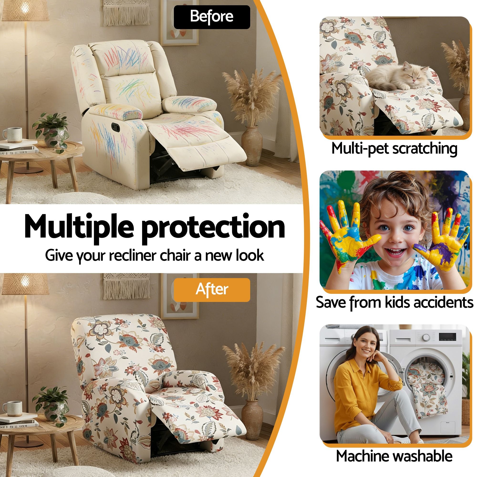 Artiss Stretch Kids Recliner Cover 4-Pieces Recliner Chair Slipcovers Printed