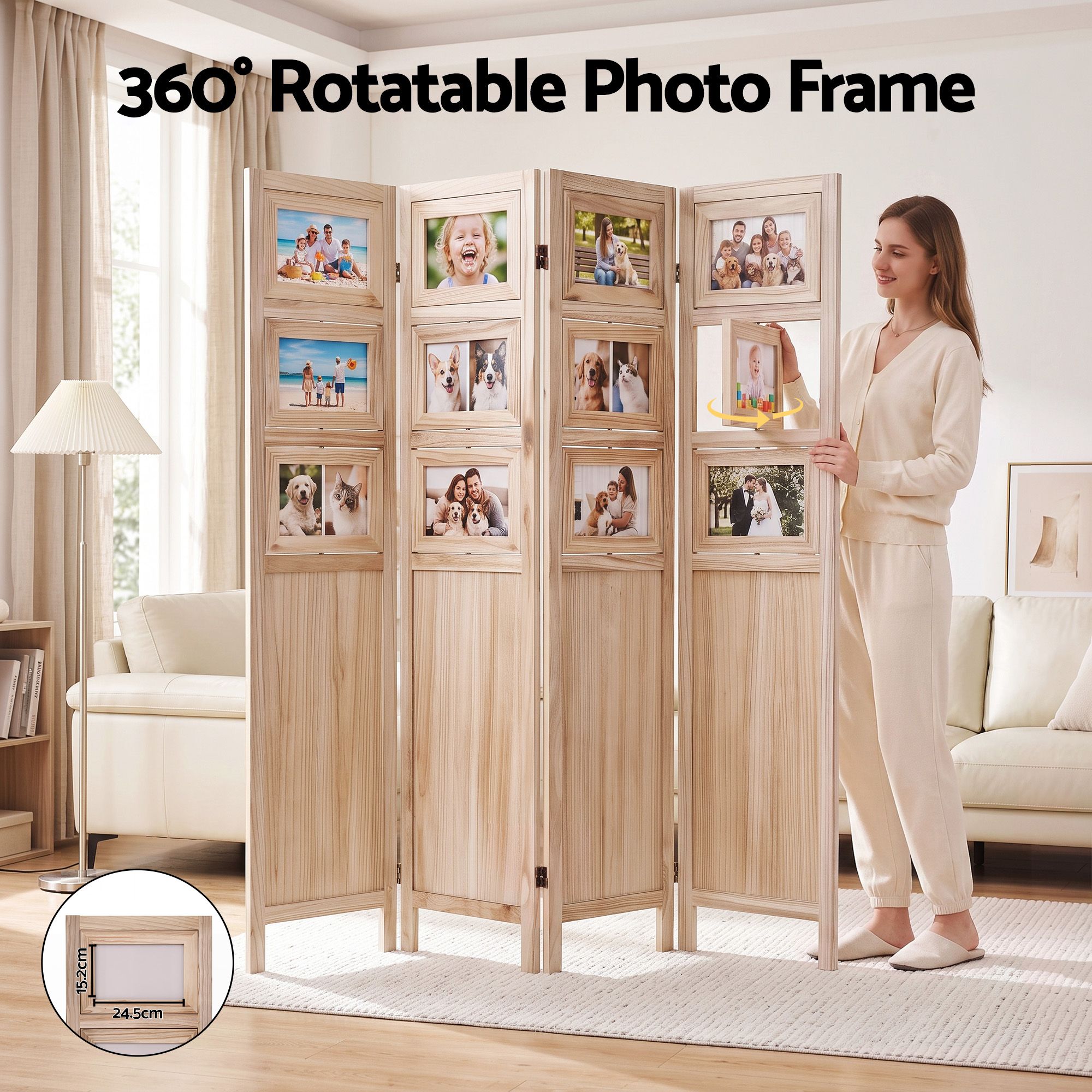 Artiss Room Divider 4 Panel Folding Privacy Screen Partition Rotatable Photo Frame Picture Collage Display Solid Wood Natural