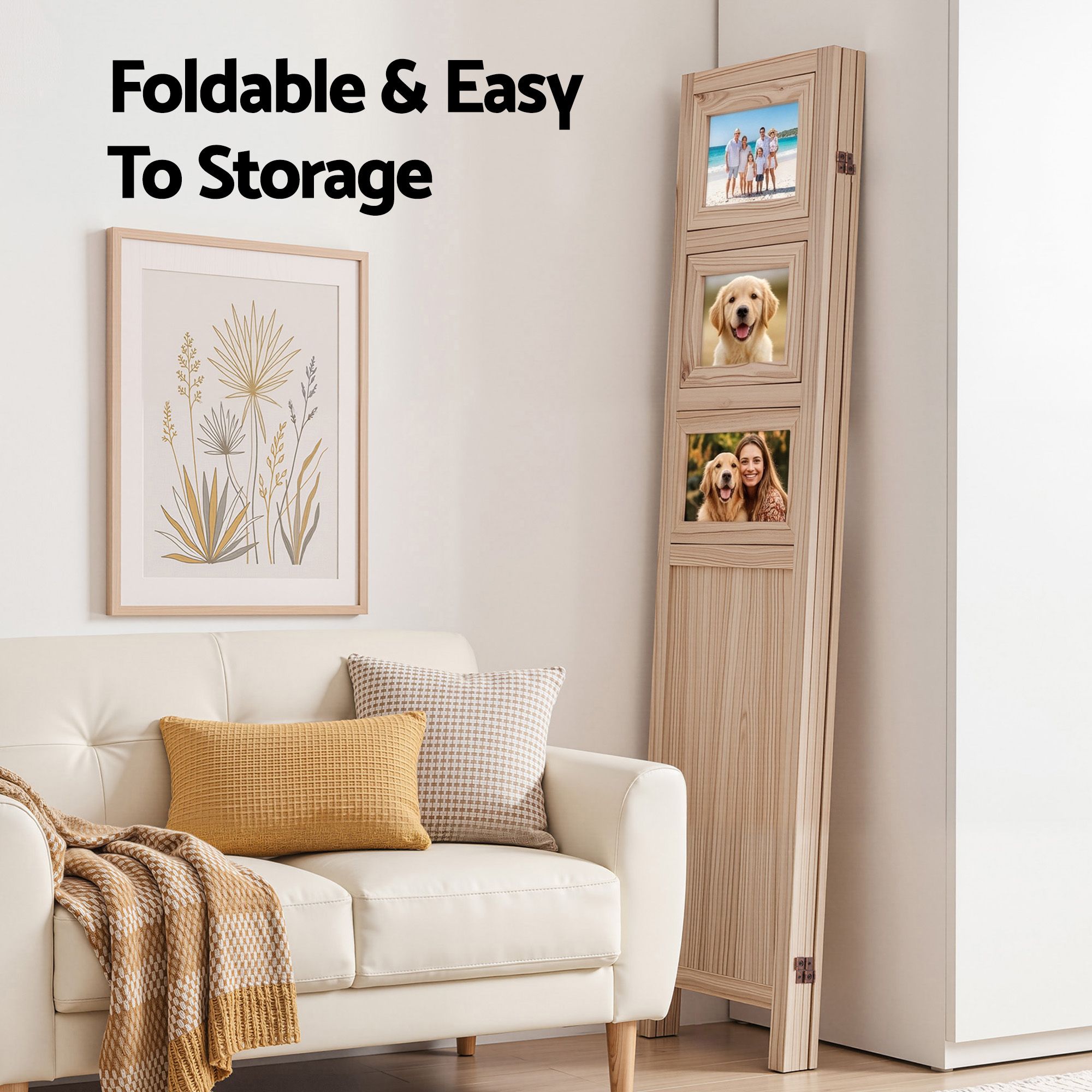 Artiss Room Divider 4 Panel Folding Privacy Screen Partition Rotatable Photo Frame Picture Collage Display Solid Wood Natural