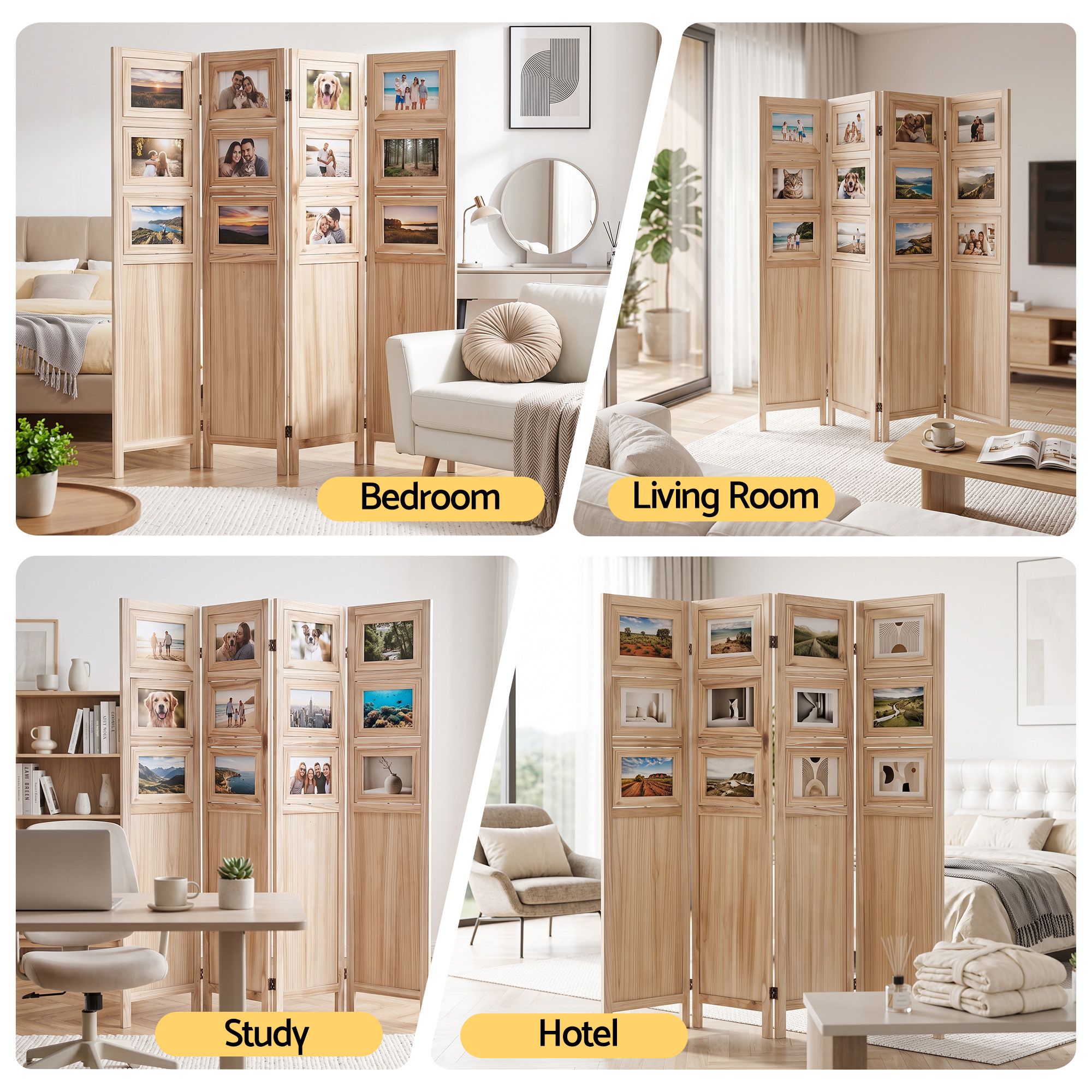 Artiss Room Divider 4 Panel Folding Privacy Screen Partition Rotatable Photo Frame Picture Collage Display Solid Wood Natural