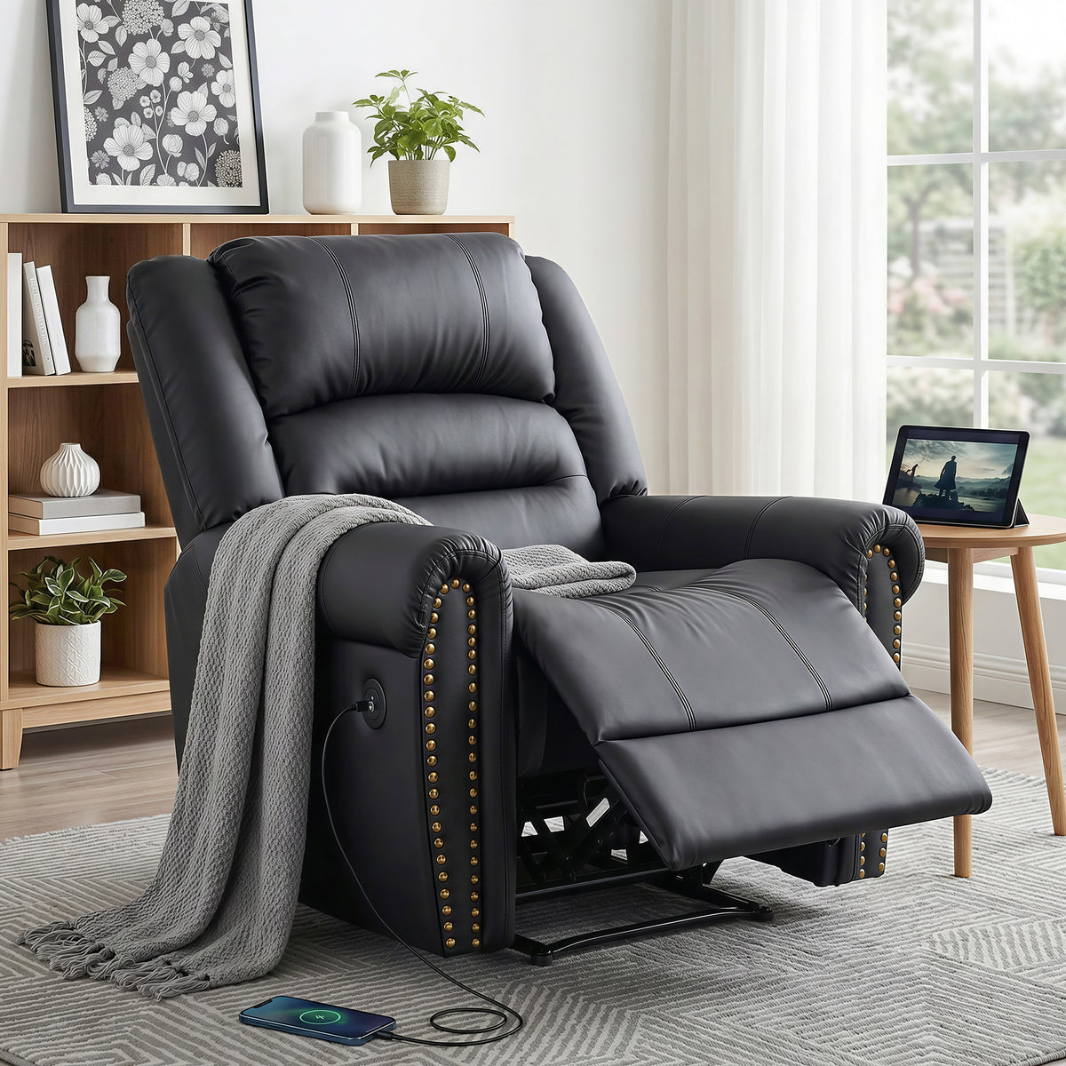 Artiss Leather Manual Recliner Chair with USB Charge Port, Overstuffed Armchair