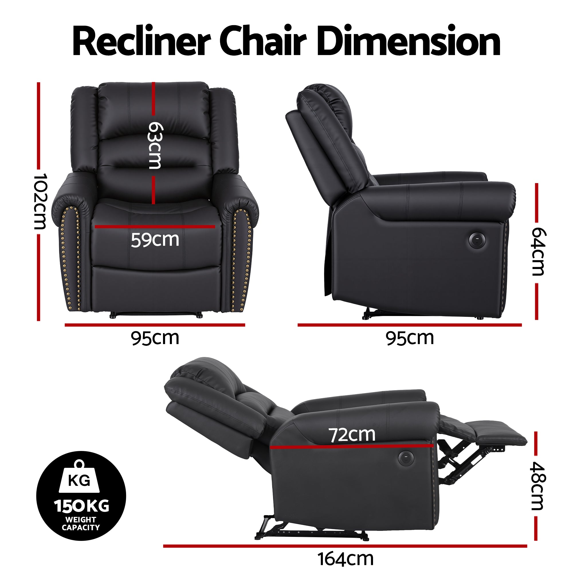 Artiss Leather Manual Recliner Chair with USB Charge Port, Overstuffed Armchair