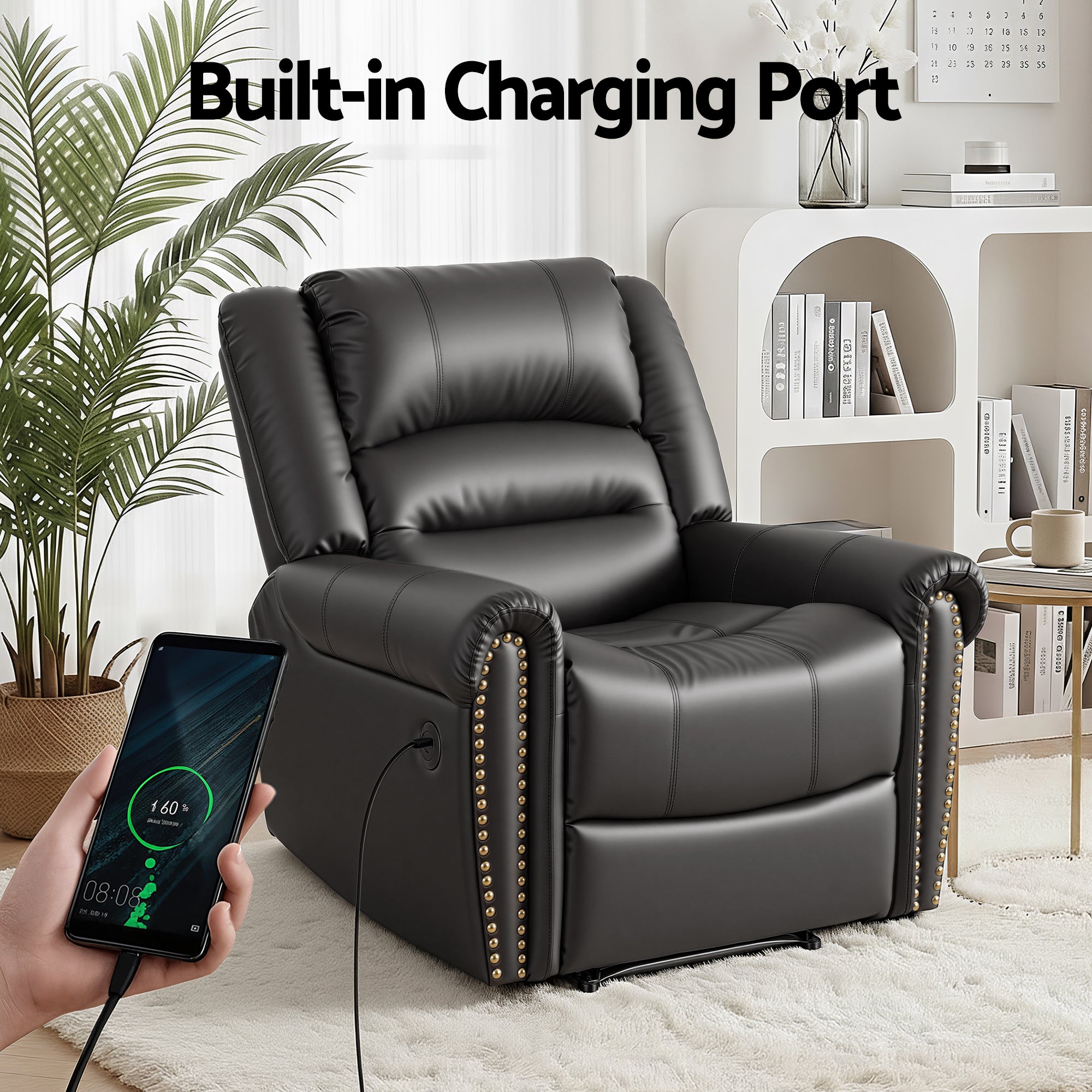 Artiss Leather Manual Recliner Chair with USB Charge Port, Overstuffed Armchair