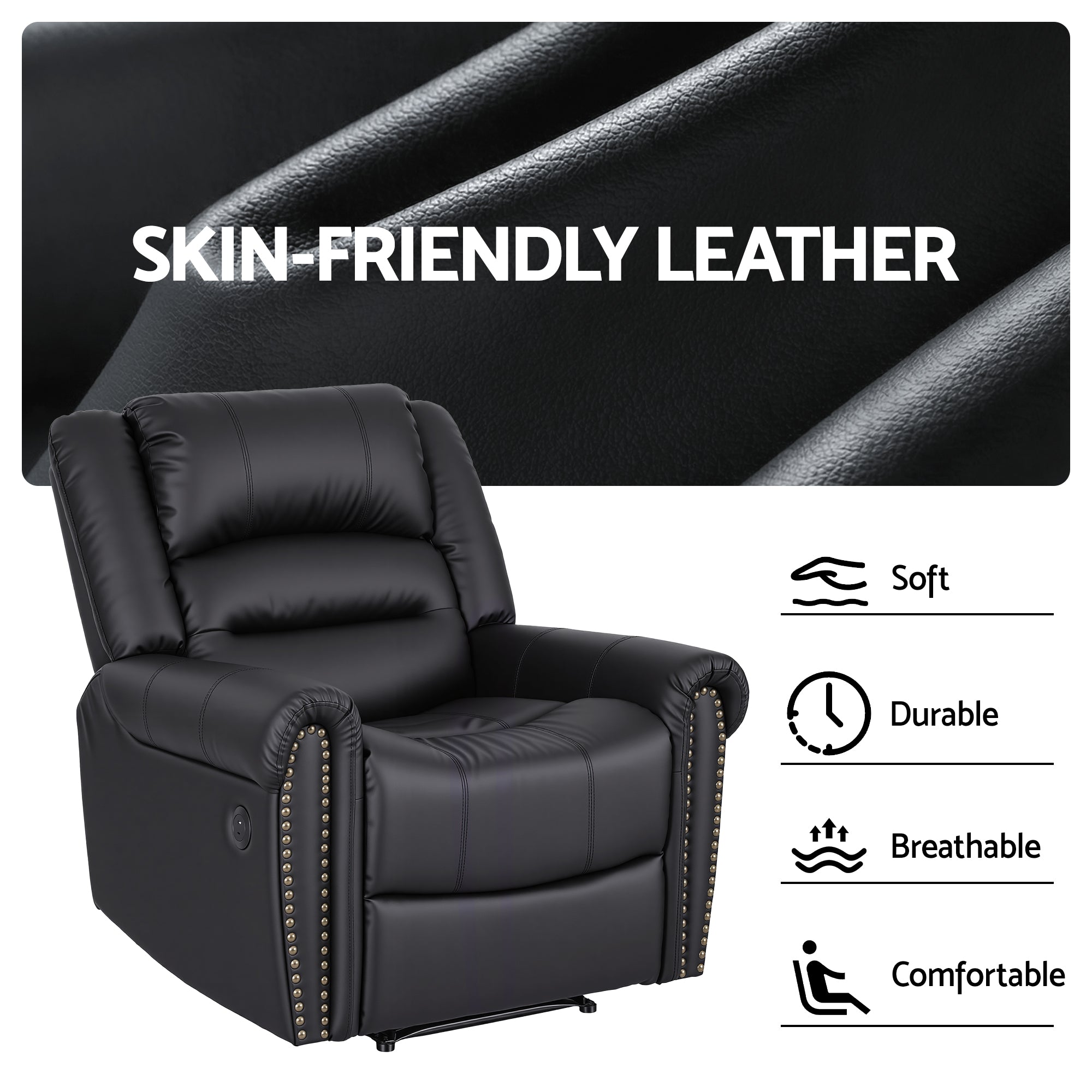 Artiss Leather Manual Recliner Chair with USB Charge Port, Overstuffed Armchair