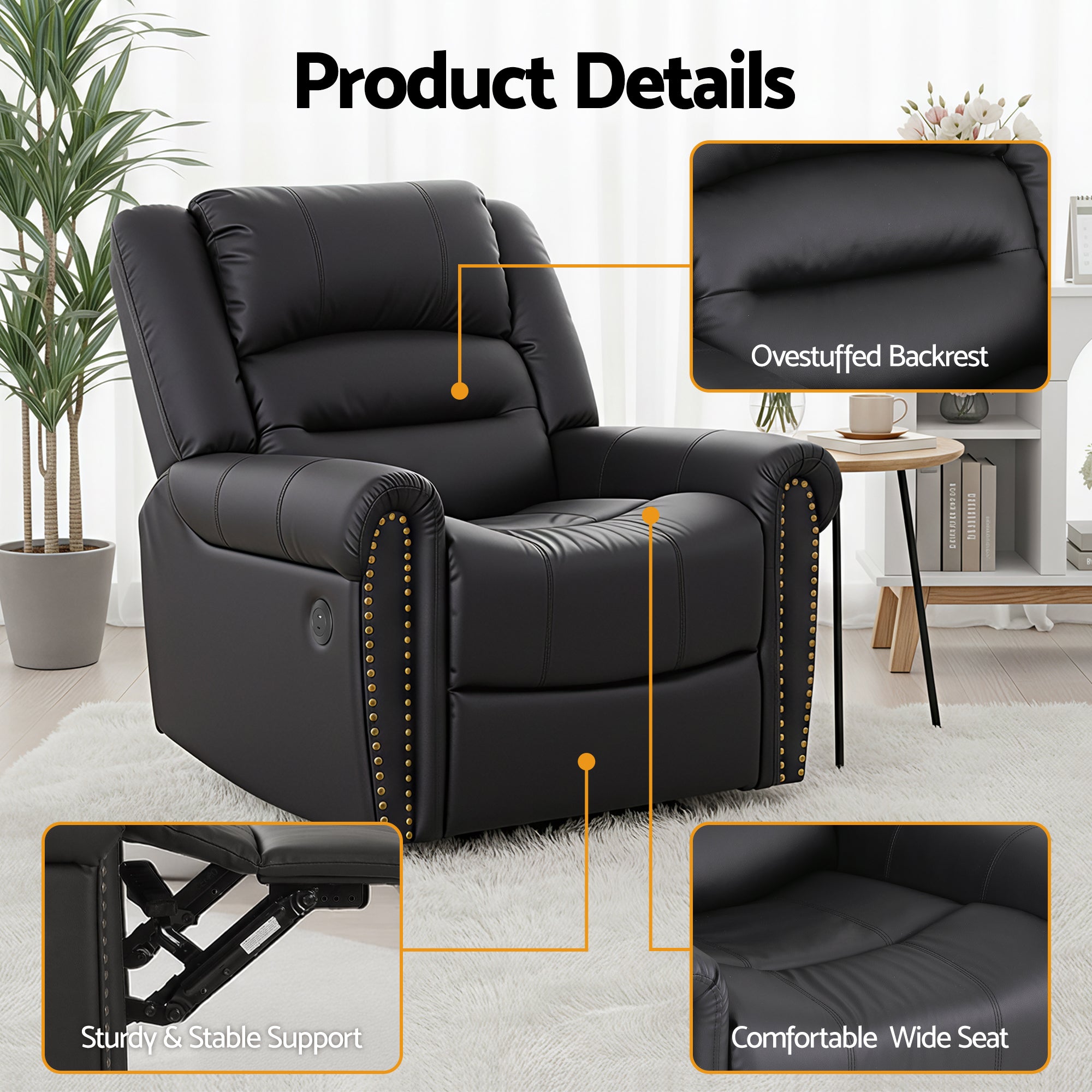Artiss Leather Manual Recliner Chair with USB Charge Port, Overstuffed Armchair