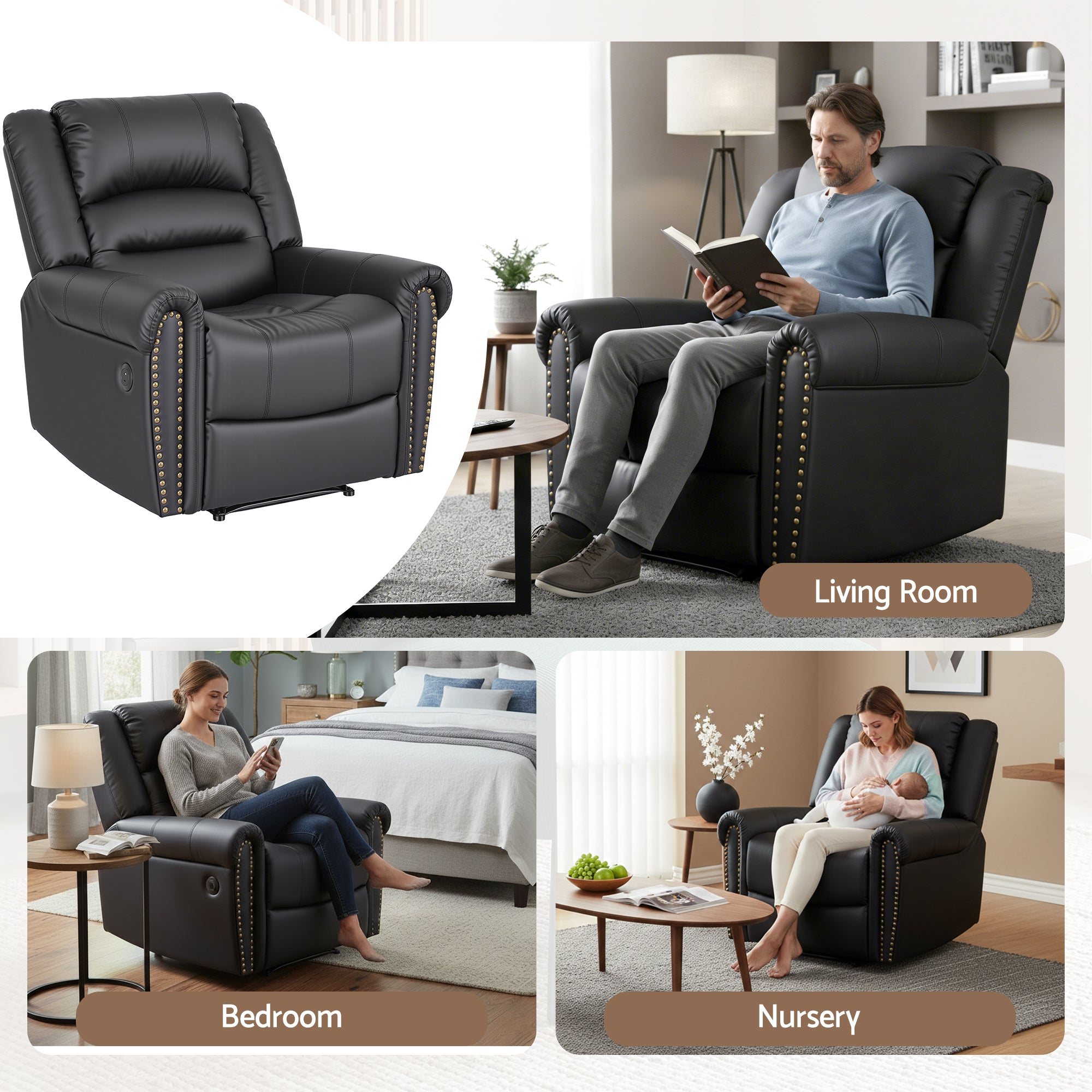 Artiss Leather Manual Recliner Chair with USB Charge Port, Overstuffed Armchair