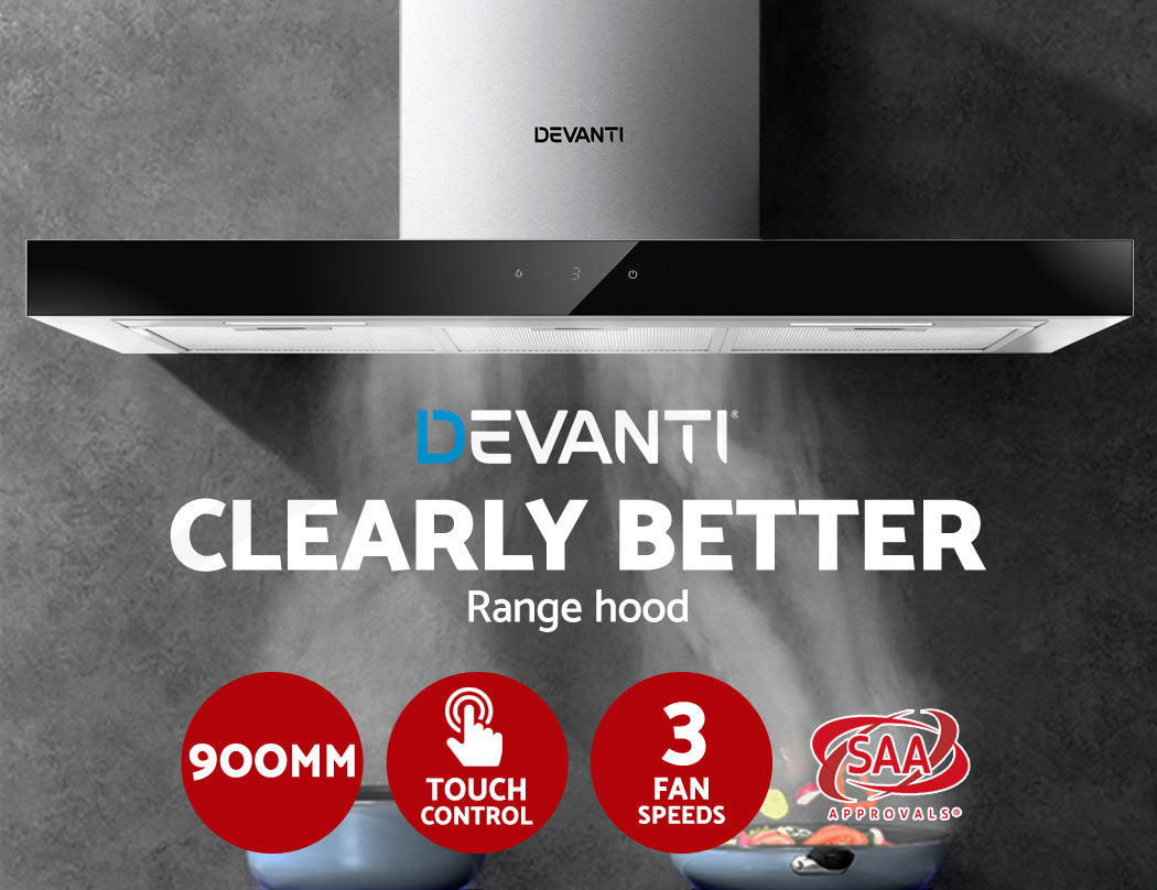 Devanti 900mm Range Hood 90cm Rangehood Glass Stainless Steel