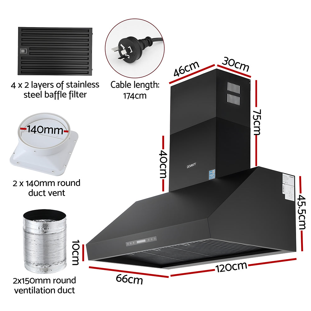 Devanti 1200mm Commercial BBQ Range Hood Dual Motor W/Remote Control Black