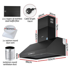 Devanti 1200mm Commercial BBQ Range Hood Dual Motor W/Remote Control Black