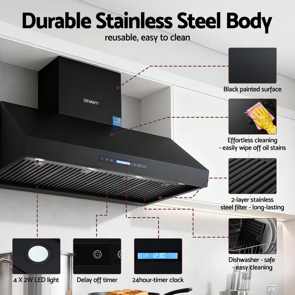 Devanti 1200mm Commercial BBQ Range Hood Dual Motor W/Remote Control Black