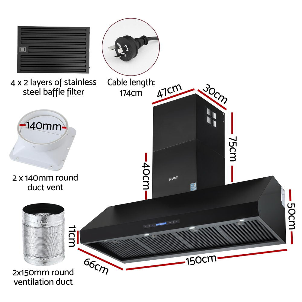Devanti 1500mm Commercial BBQ Range Hood Dual Motor W/Remote Control Black