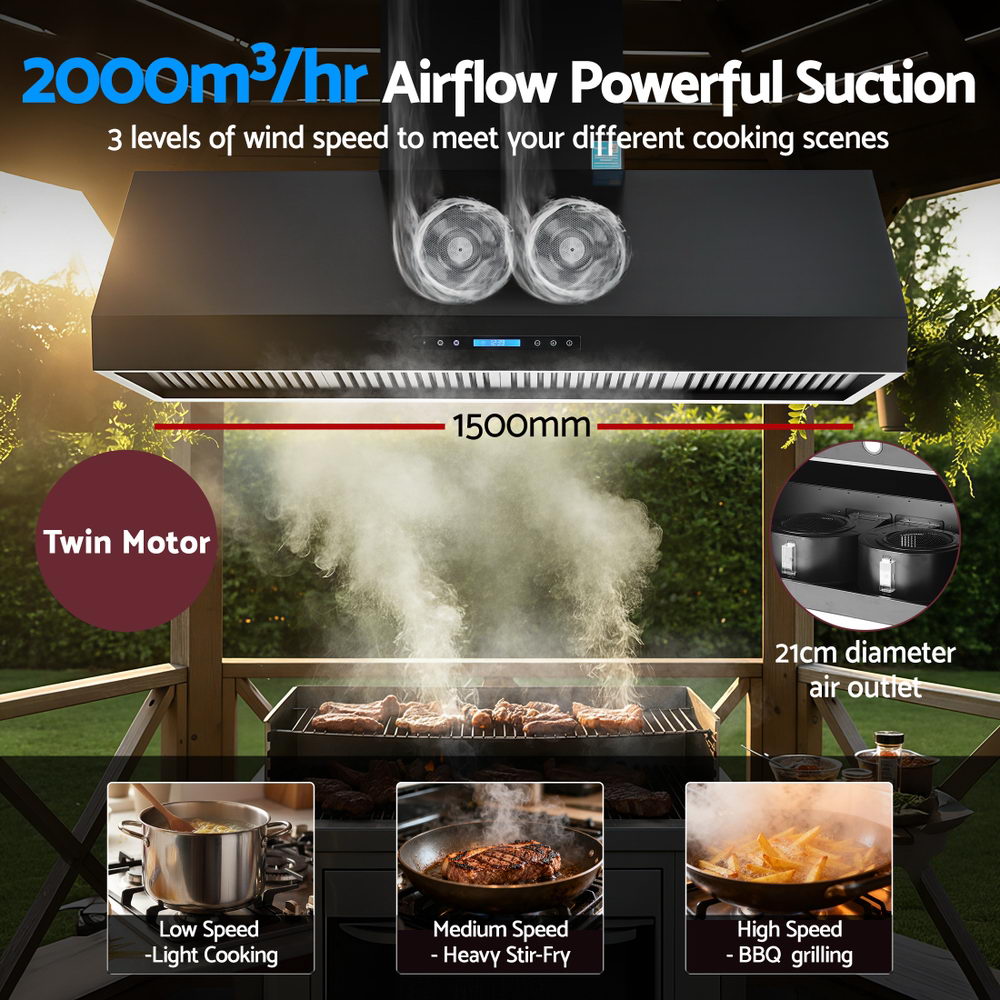 Devanti 1500mm Commercial BBQ Range Hood Dual Motor W/Remote Control Black