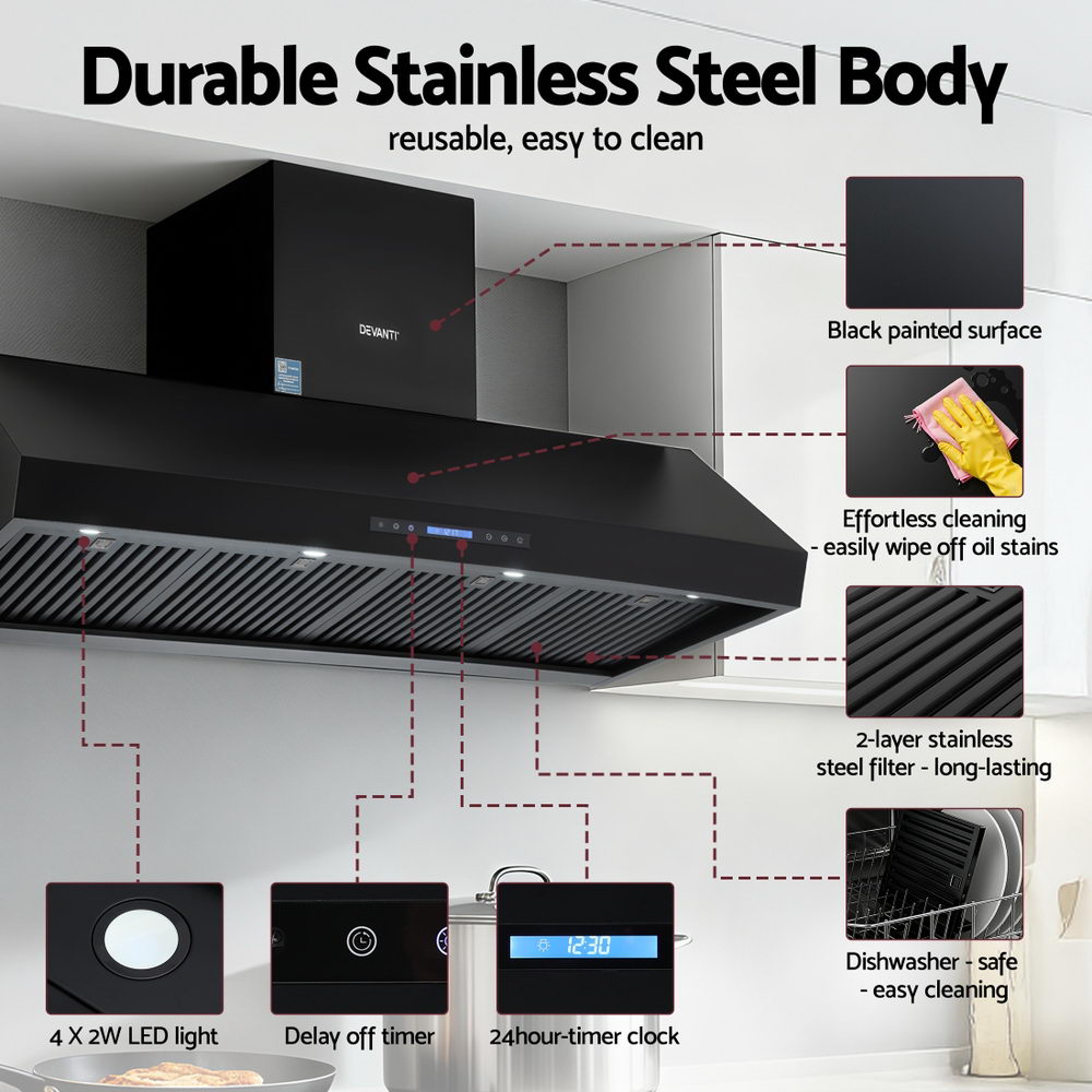 Devanti 1500mm Commercial BBQ Range Hood Dual Motor W/Remote Control Black
