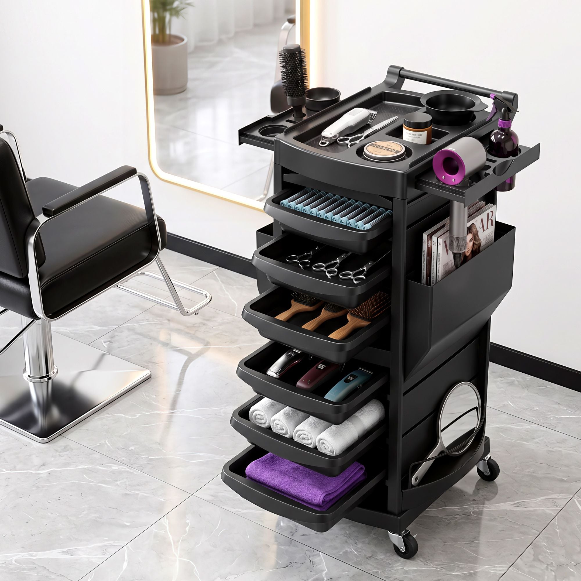 Embellir Salon Trolley 2 Lockable Doors 6 Tier Trays Mobile Hair Cart Black