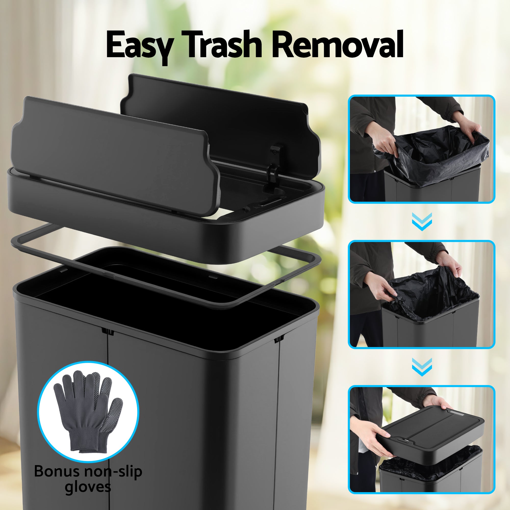 Devanti Rubbish Bin 70L Automatic Sensor Kitchen Bin, Slim Smart Garbage Can Touchless Rectangular with Liner Holder, Fully Closed Lid for Bedroom, Ba
