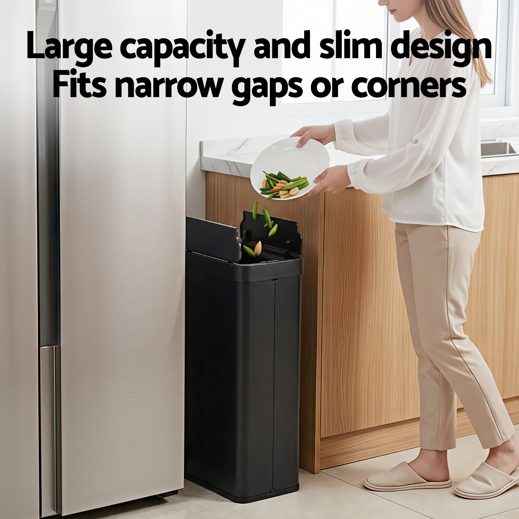 Devanti Rubbish Bin 70L Automatic Sensor Kitchen Bin, Slim Smart Garbage Can Touchless Rectangular with Liner Holder, Fully Closed Lid for Bedroom, Ba
