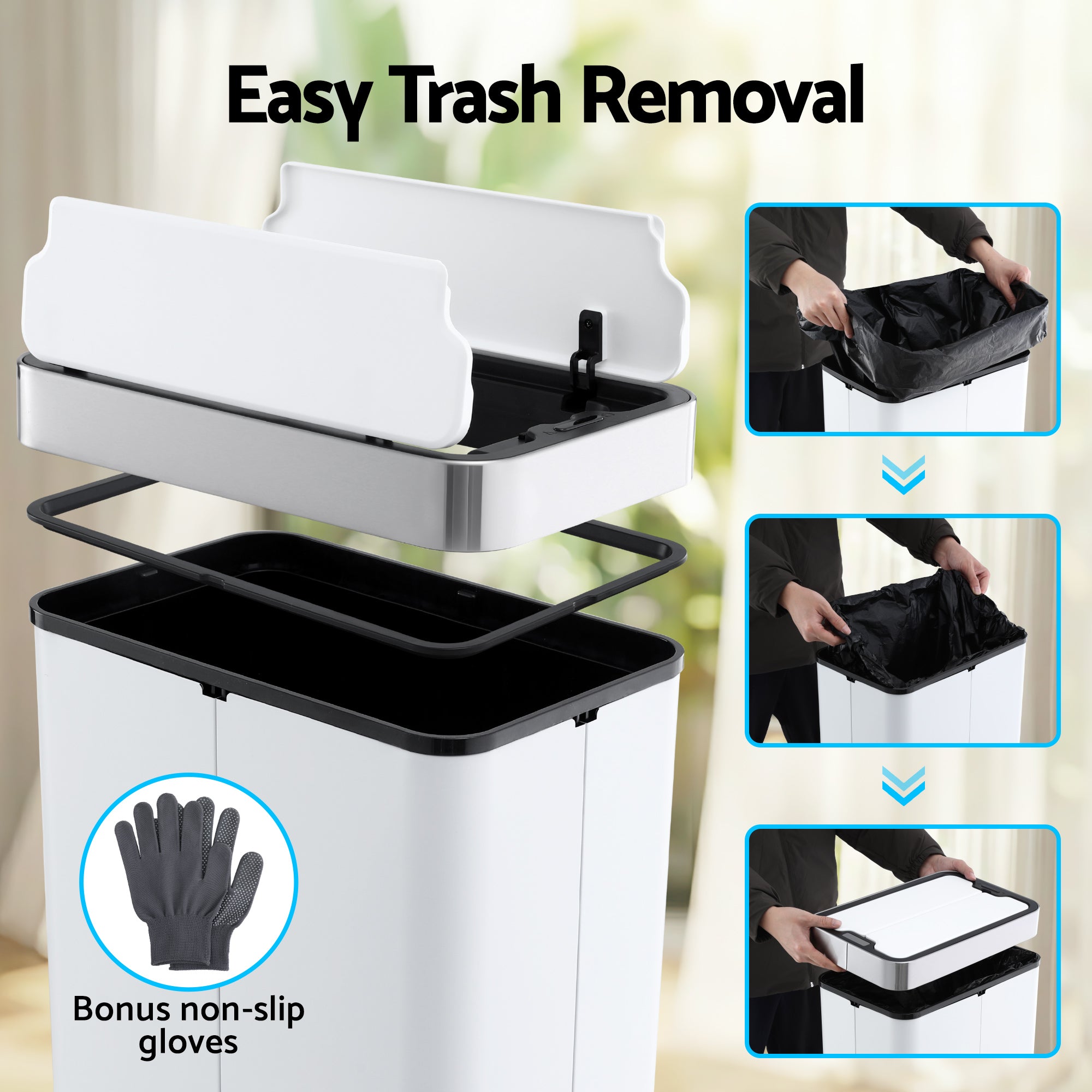 Devanti Rubbish Bin 70L Automatic Sensor Kitchen Bin, Slim Smart Garbage Can Touchless Rectangular with Liner Holder, Fully Closed Lid for Bedroom, Ba