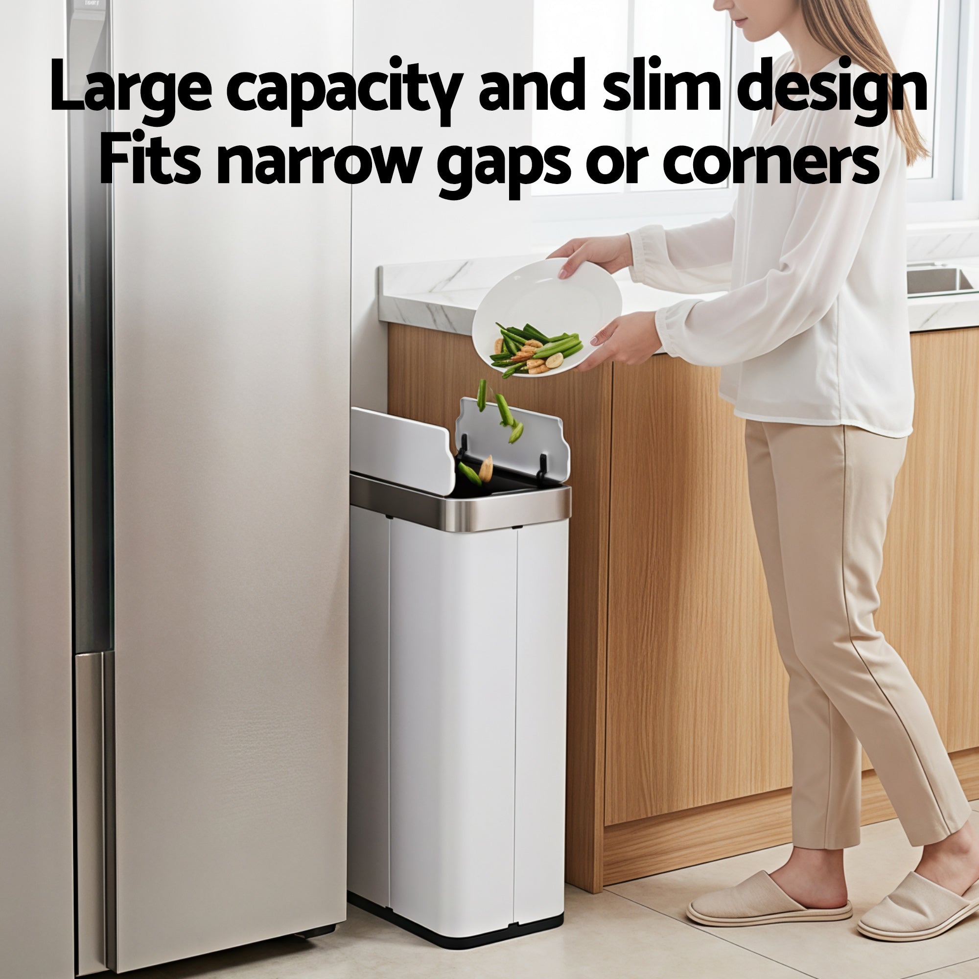 Devanti Rubbish Bin 70L Automatic Sensor Kitchen Bin, Slim Smart Garbage Can Touchless Rectangular with Liner Holder, Fully Closed Lid for Bedroom, Ba