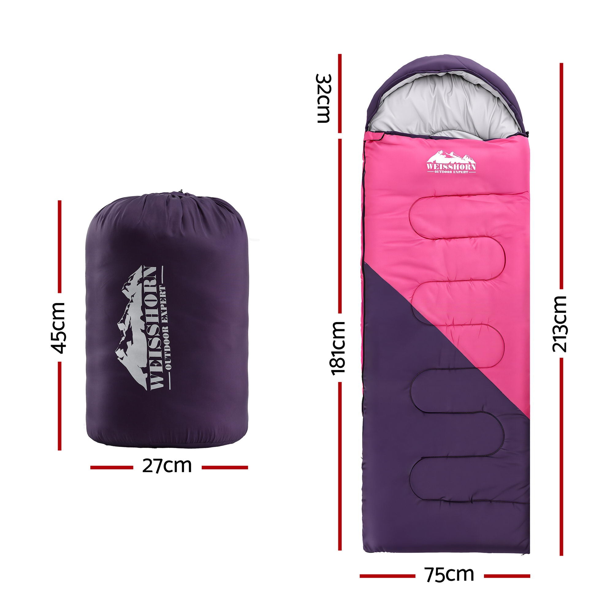 Weisshorn Sleeping Bag Single 213cm Thermal Camping Hiking Pink - Free Delivery